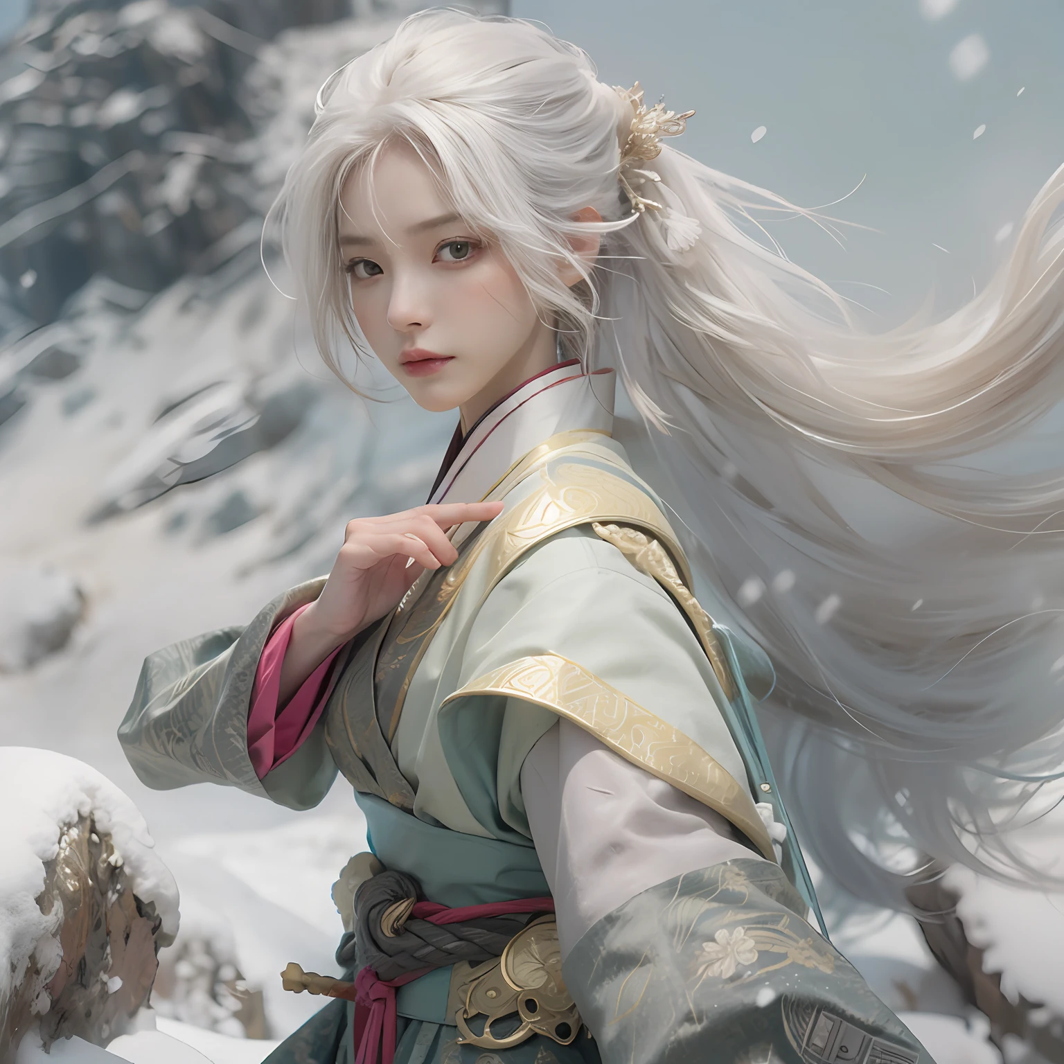 8K, super detailing,Don Dao, a pregirl,(Fighting posture:1.5),独奏, A long sword in his hand,Hanfu,short skirt, super detailing, tmasterpiece,On the outside,Snowy mountain background,Winters,snowflower,Full body like,Shoulders exposed,鎖骨,Golden ratio figure,scowling, beauitful face,rape face, White hair, messy hair, From the side Side,Eyes full of details,Optimal proportions of four fingers and one thumb,