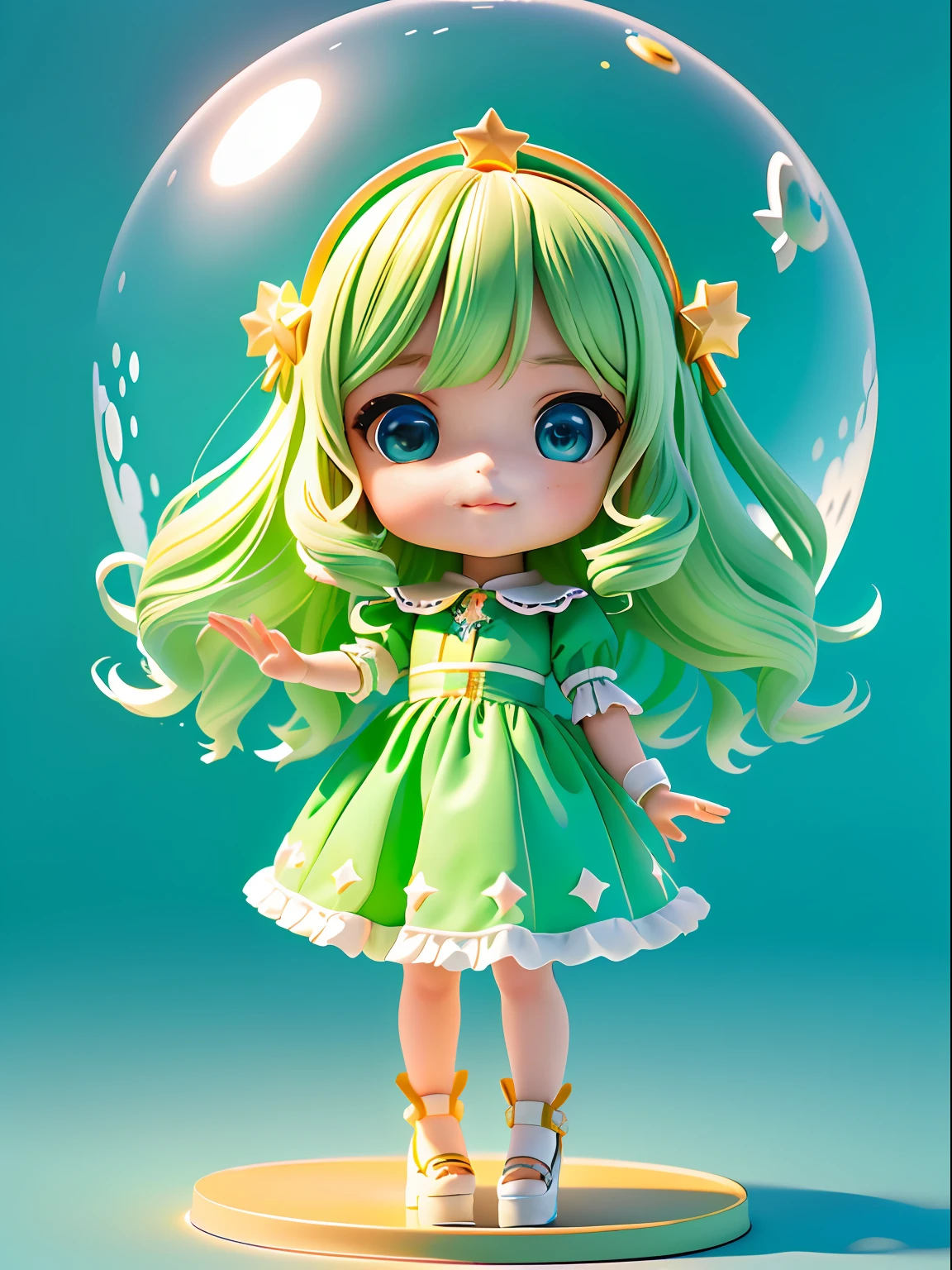 Super bonito menina desenho 3D de corpo inteiro, 1pc, olhos bonitos, olhos grandes, fofo, Feliz, c4d, pop matt caixa cega, Bolhas brilhantes, Brinquedos, solid color backdrop, Chibi, fluorescent translucency, corpo luminoso, kawaii, boneca, (((sentada na frente do planeta lendo um livro)))), refer ence sheet, caixa cega pop mart, Pixar, detalhes intrincados, 3D rendering, Liquidificador, Renderizador OC, fol reference body sheet, babar, Detalhes altos, 8k, studio lighting, Loli, pequeno, Child, Chibi, standard definition characters: 1.1, magic space background, voador, Levitando, cabelos pretos, delicate and delicate hands, delicate hands, delicate hands, graceful hands, Green flag armbands