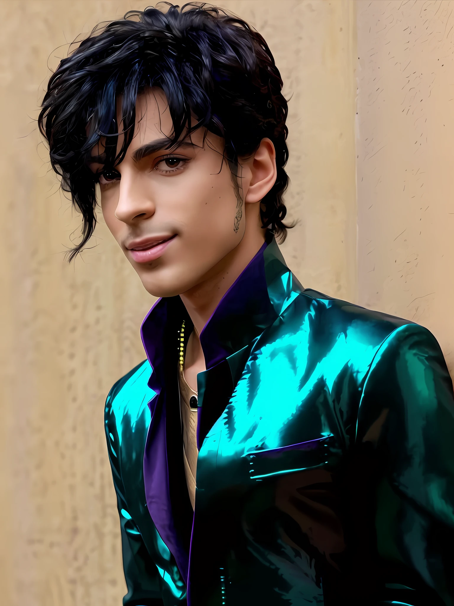 araffe dressed in shiny green jacket and purple tie, young prince, beautiful young prince, prince in pastel!!!!, handsome prince, prince, beautiful androgynous prince, inspired by Prince Hoare, delicate androgynous prince, purple rain, renaissance prince, hyper realistic color photo, guy using the purple fancy suit, wax figure, real-life brook, realistic cosplay