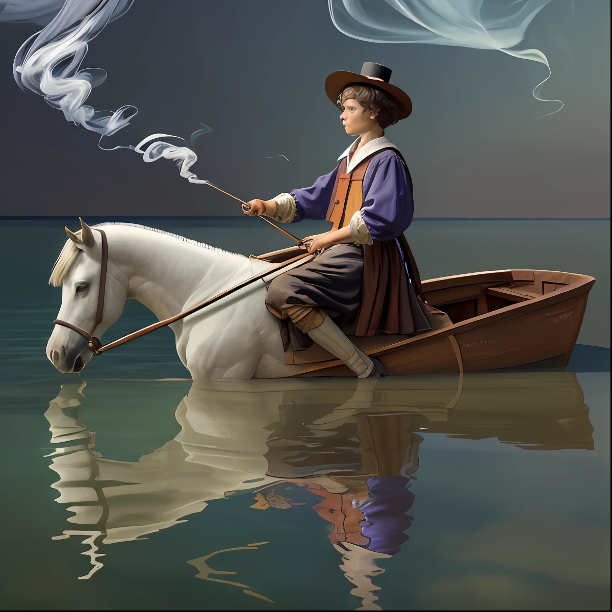 boy with a boat hat, ((chimney in the hat that emits a little smoke)), symbolizing dreams, (((riding a white horse))), submerged half his legs in the water, realistic reflections and normal water waves, realistic, horizon at a low golden height, with a background finished on a greenish gray wall, with a painting hanging in the background with the same motif as the scene, harmonic chromatic composition of three colors, blue violet, reddish and green, natural lighting , Take the image with a Sony Alfa camera, 250 mm, oil painting, Rembrandt and Leonardo Da Vinci style, small toys floating like tops, marbles and small houses, harmonious and compositionally harmonious in different and contrasting colors, melodically aesthetic, transparent water, the bottom can be appreciated showing the ground or floor,