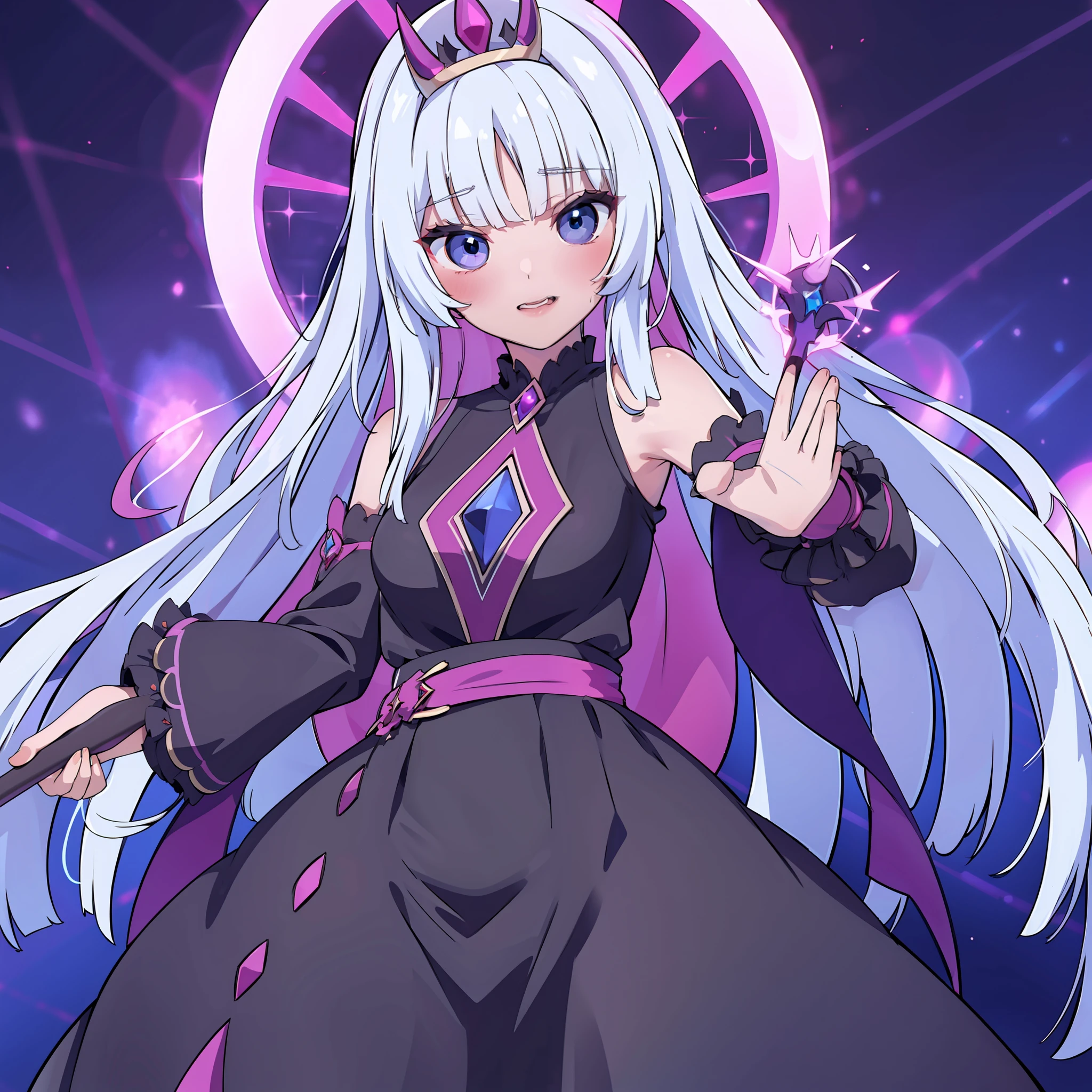 A diabolical queen on her throne. With infinite beauty and eyes of incredible expressiveness. Vestido de una manera encantadora, She carries a strange sword in her hands......... Around its demonic energy flows like flares of intense color..