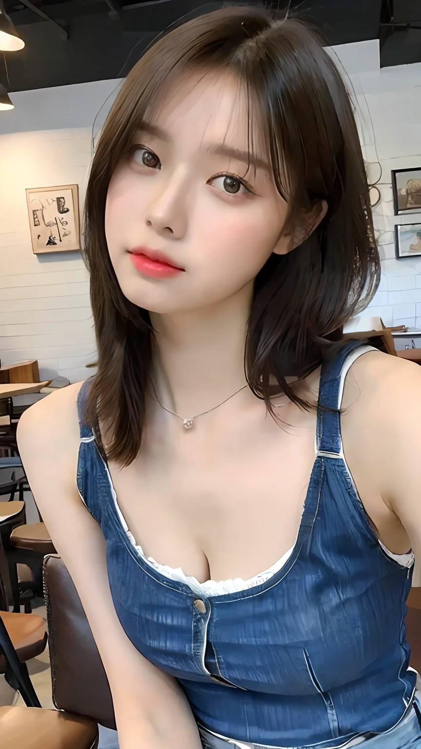 (realisitic、hight resolution:1.3)、1 girl with a perfect figure、Super thin face and eyes、length hair、Low Cut Tank Top:Short jeans、in a cafe、coffee on table、Colossal tits、Exposed cleavage　Navel out　Bunching hair