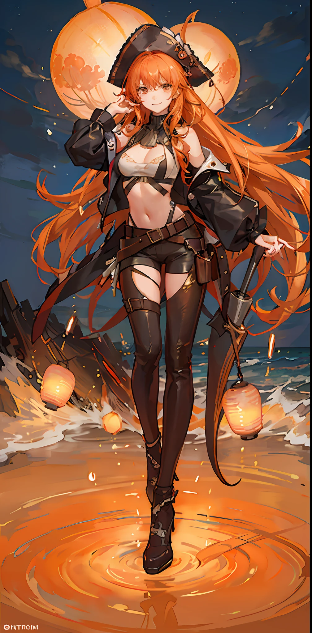 pirate, torn blouse, medium breasts, brown leather pants, toned body, orange hair, curly wet hair, waist length hair, confident smirk, pirate ship, tentacles reaching for her body, tentacles wrapped around her legs, night time, lanterns lighting the area