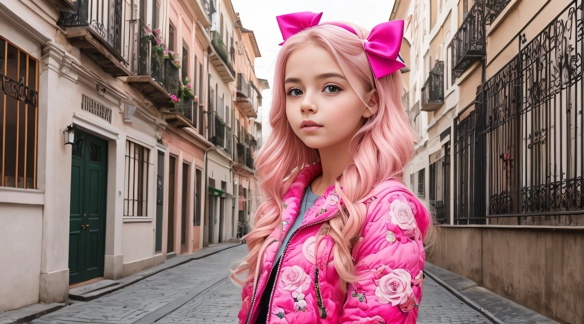BLONDE CHILD GIRL , na jaqueta rosa segurando um bolo rosa com cobertura rosa, alexa grace, menina cor-d, wearing pink hair bow, menina doce, Katelni Estilo Nice, inspirado em Lucia Peka, rosto rosa brilhante, Nossas Coisas Estranhas, cara rosa, menina rosa bonita, meniem e bonito, Nice Poinspirado em Sophia Beale