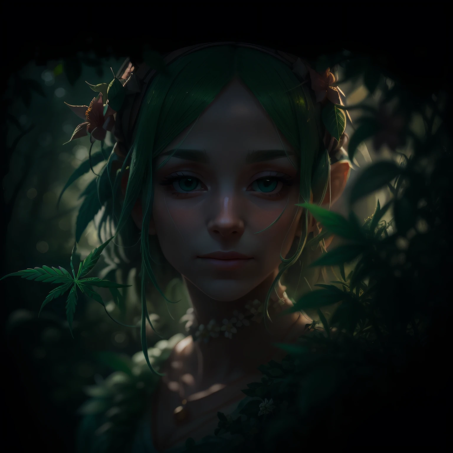 "Create a photorealistic image of an exquisite masterpiece portrait with a stunning cannabis dryad. La imagen debe estar bordeada con hojas de cannabis que fluyen. The dryad should be portrayed as a captivating and ethereal being.., Blending seamlessly with the beauty of nature. Sus rasgos deben ser delicados y seductores., with eyes that exude a sense of charm. The hair of the dryad cannabis leaf should flow gracefully, adornado con hojas y flores de cannabis entrelazadas. The portrait must capture the intricate details of the dryad's face., emphasizing its unique beauty and the symbiotic relationship between it and the cannabis plant. El fondo puede ser minimalista, con sombreado suave o espacio negativo, Allowing the Driad to Take Center Stage. Render the image as a high-resolution digital illustration, Similar to a professional photograph. Lighting should accentuate the subtle nuances of the dryad's features., evoking a sense of realism and depth. Captura el retrato desde una perspectiva de primer plano, allowing viewers to appreciate the fascinating details and breathtaking beauty of the cannabis dryad."

realismo, Digital illustration, Portrait
Art Station, Behance. Close-up High-resolution digital illustration, realistic lighting, Detailed facial features