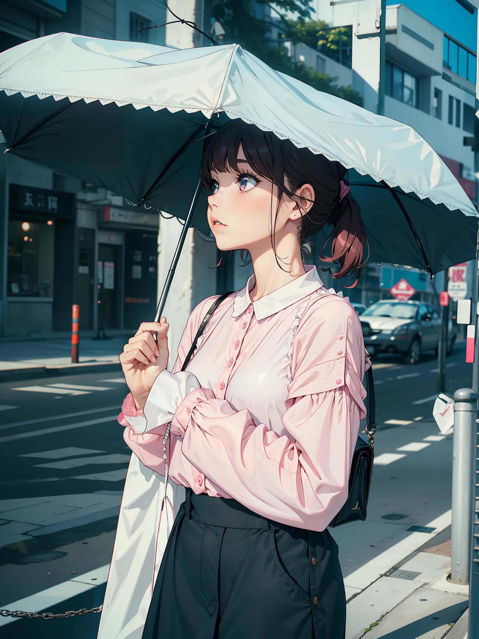 girl with, Light pink long sleeve cutter shirt