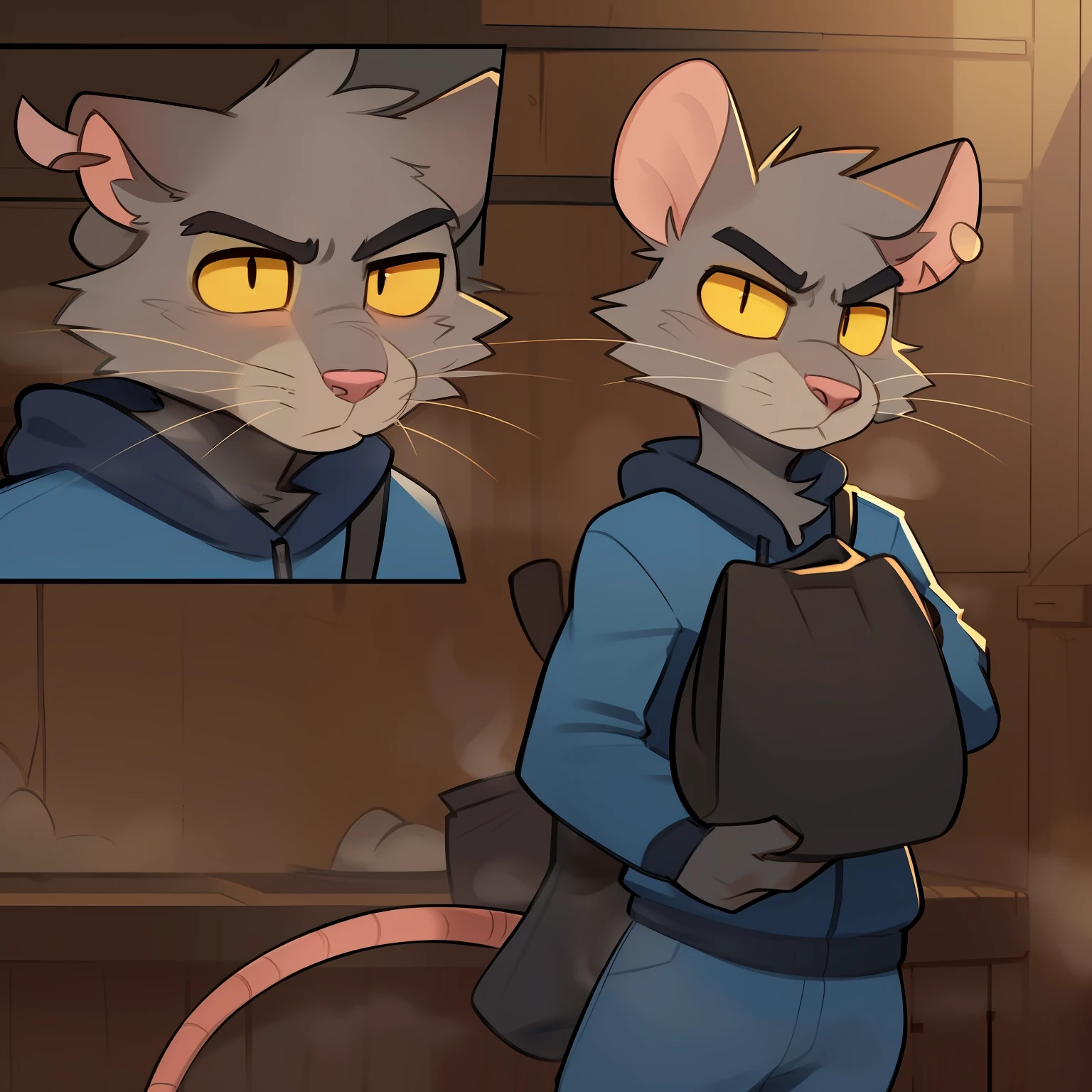 Solo, male, standing, (((rat, smelly stinky, skrunkly, crooked whiskers, clipped ear, big eyebrows, pink nose, dark grey fur, tired eyes, bags under eyes, annoyed, yellow sclera))), black eyes, black hair, very short hair, messy hair, blue military spacesuit, (((by schmutzo))), by glitter trap boy, by spikedmauler, by bebebebebe