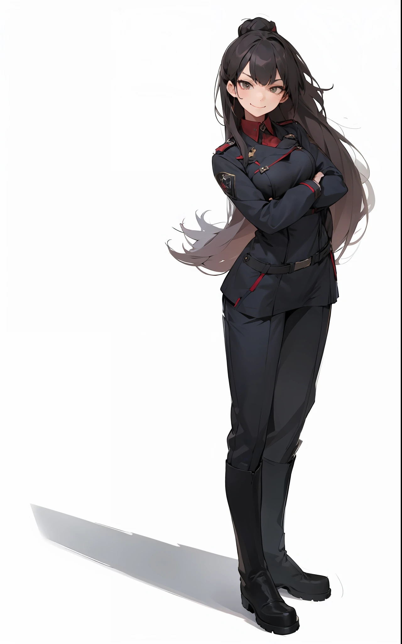 Adult, female, standing, black boots, uniform, confident, smug, smirk