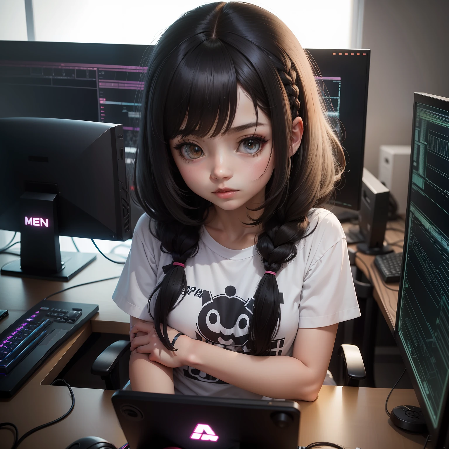 programadora, anime, menina, programming, gamer, tecnologia, menina cabelo, franja, cabelo curto, cabelo castanho escuro, olhos pretos, cabelo curto bonito, cabelo bem curto, cabelo castanho,