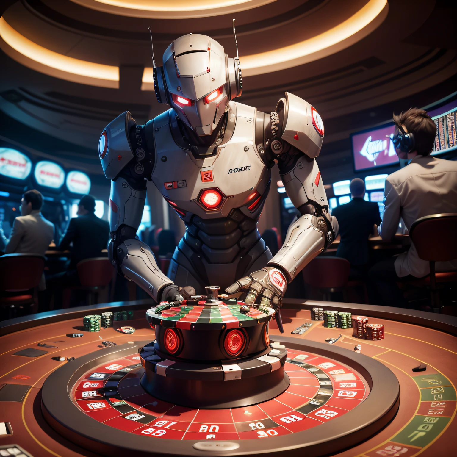Robot gamer dominating in front of a casino roulette table