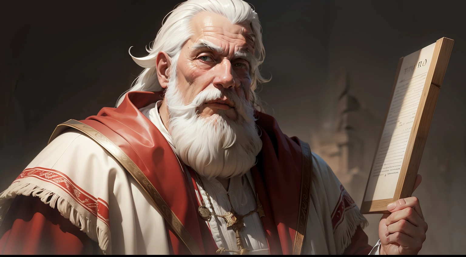 Pintura extremadamente detallada, 8k, Viejo hombre blanco, with white beard and red robe, mirando maravillado al cielo, Biblical portrait