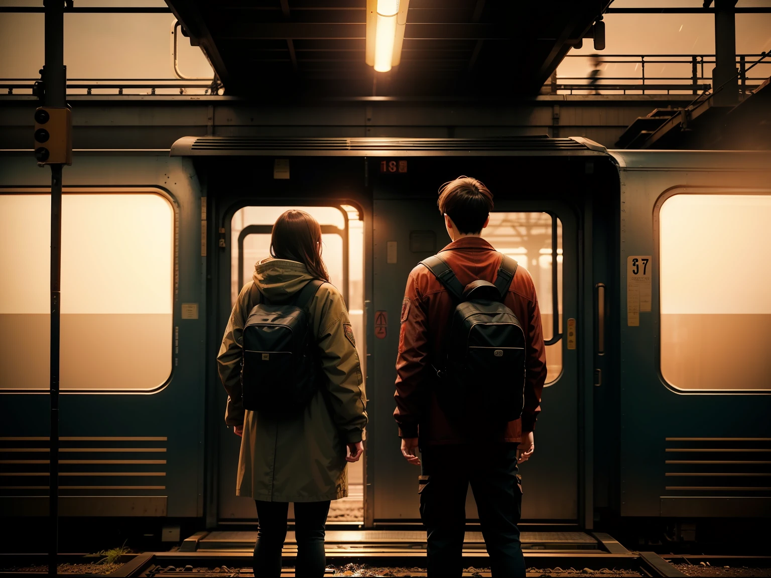 Two people standing side by side on the train tracks, still from live action movie, japanese live action movie, live-action movie scenes, redline anime movie style, The train is far, Still from the movie, production still, morningglow, cinematic Film still from, live-action adaptation, photo 1 5 mm, cinematic Film still from, extreme drama