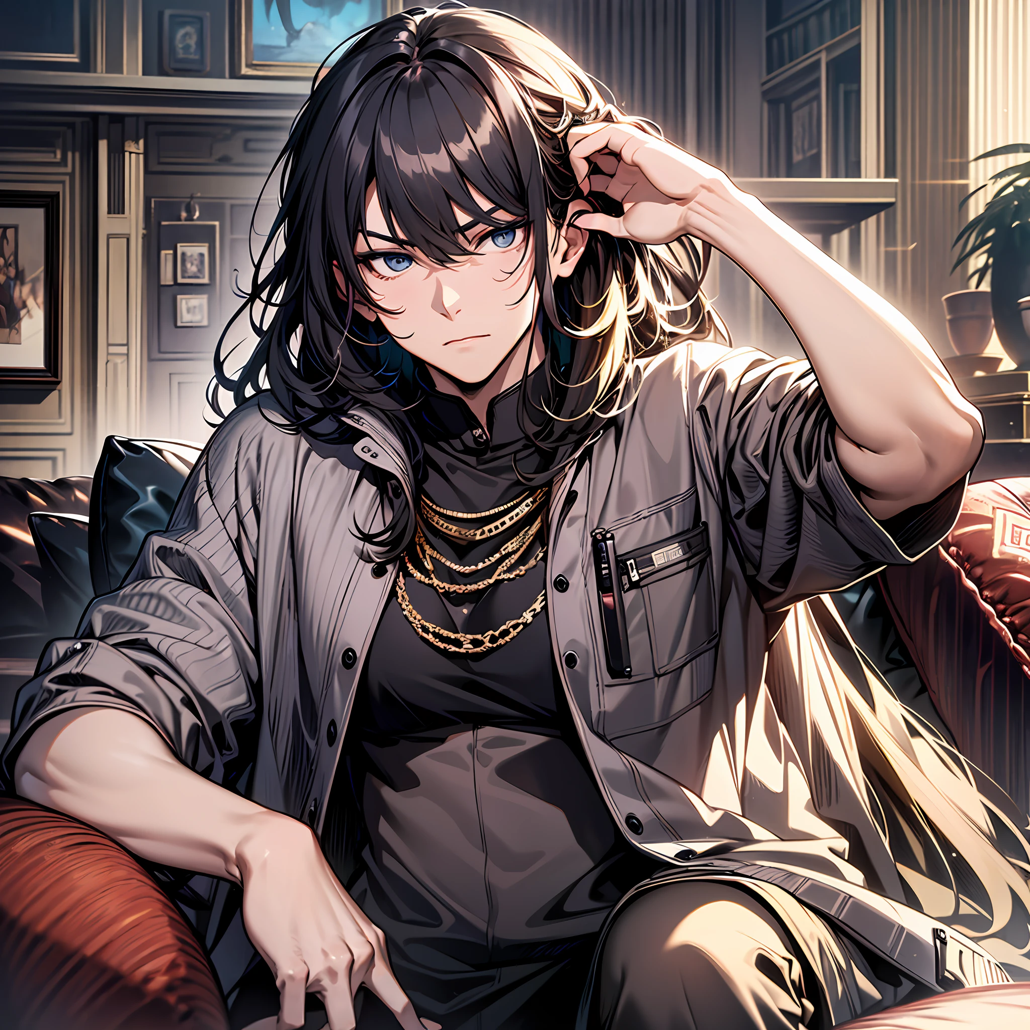 Modern living room,Only the upper body,of a guy,Sit on a modern sofa,looking toward the viewer,The expression is serious,Cover your head with your hands,High picture quality,Best depiction,A stunning masterpiece。astonishing detail