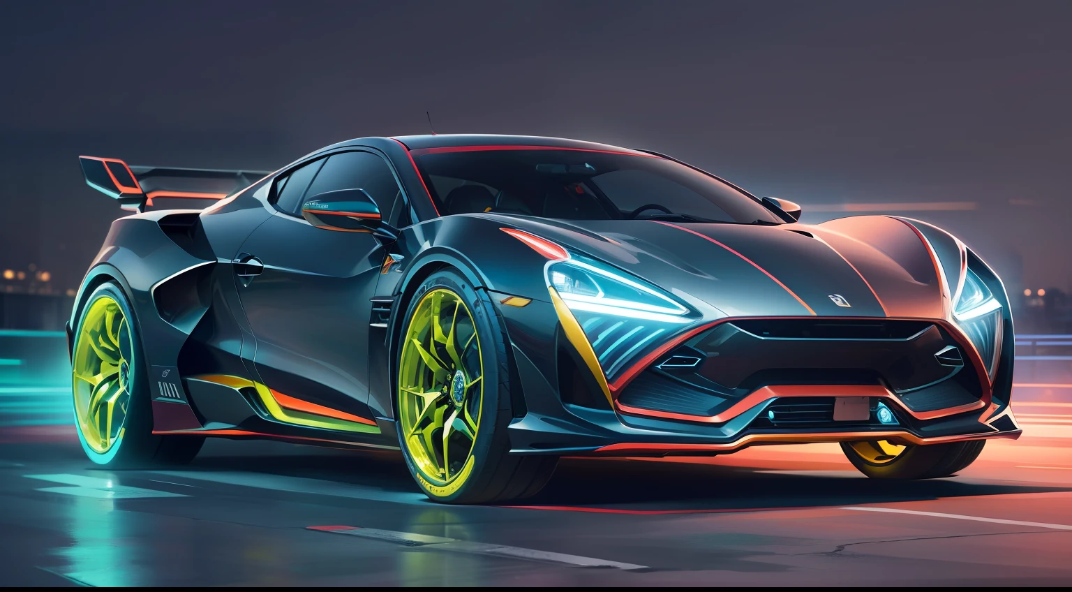 "carro esportivo, ultra detalhado, cores vibrantes, raios cinza e luzes neon extremamente brilhosos, moderno e futurista."