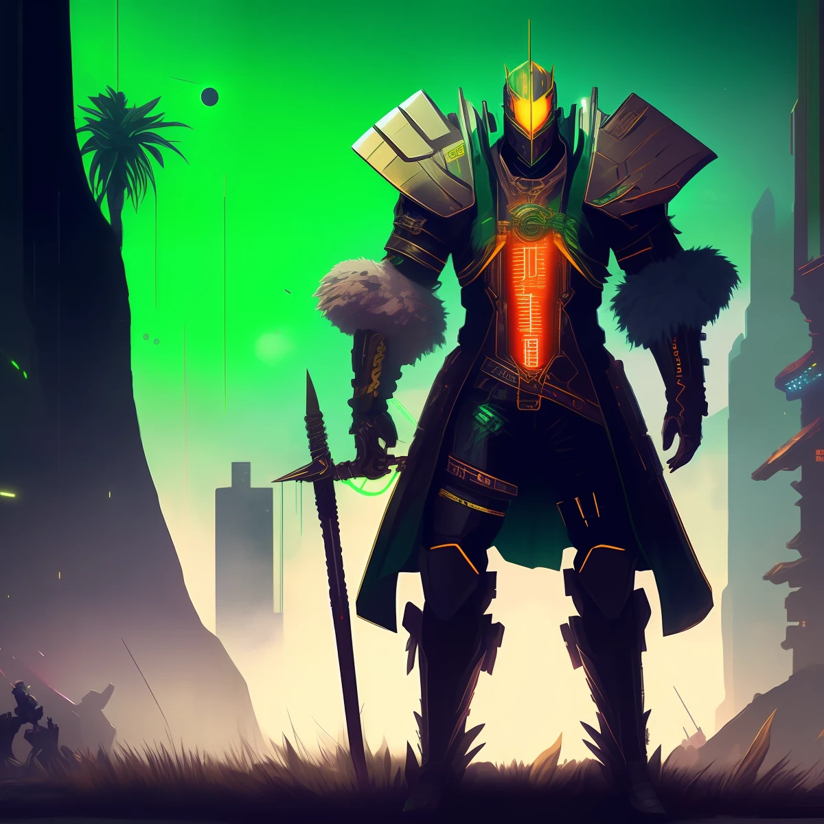 Personagem tipo cyberpunk e darksouls com fios de energia em sua volta e armadura parcialmente dourada parcialmente verde neon, humanoide ciborgue. Combination of neon green and gold colors with several bright threads around it