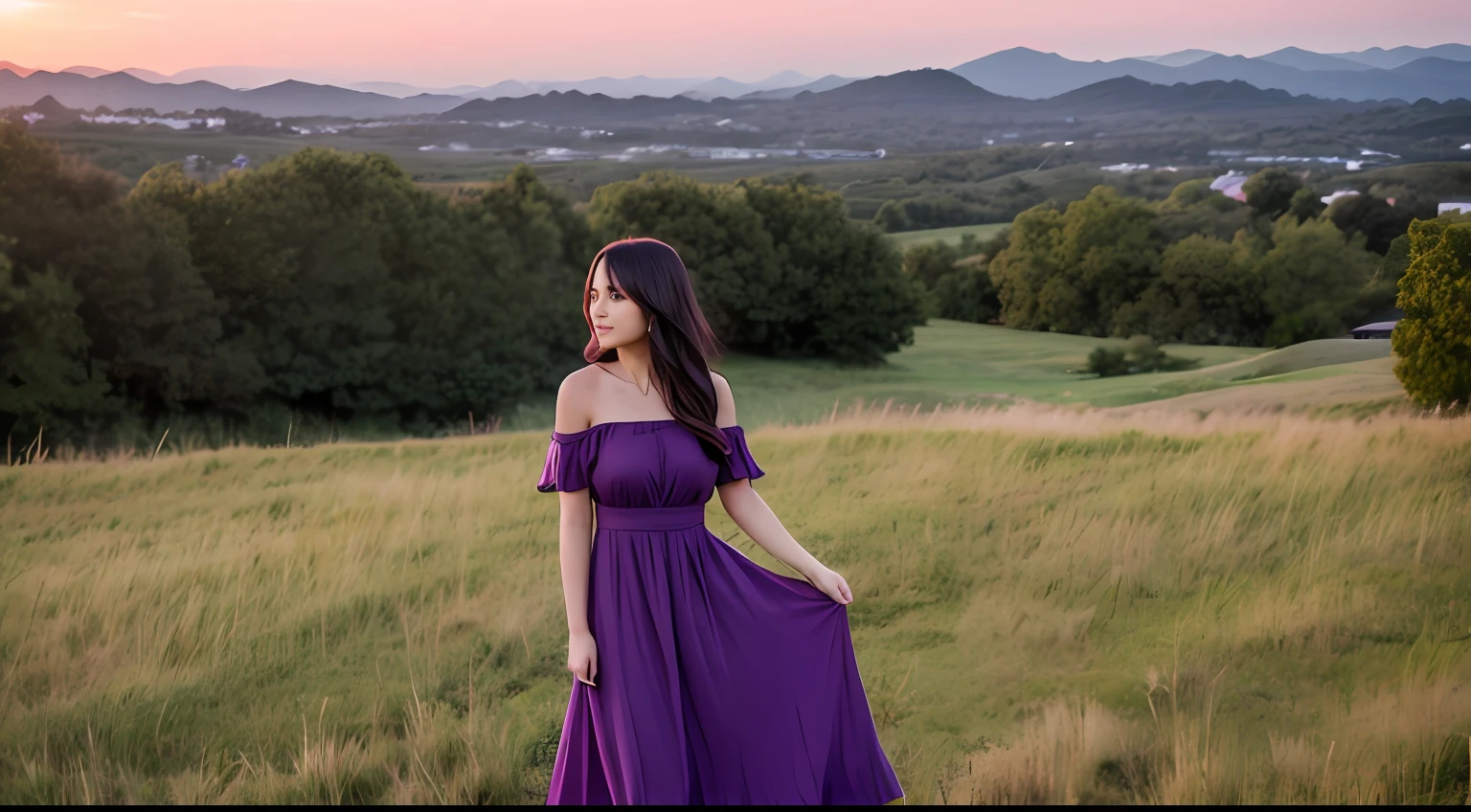 Purple sunset,shift dresses,hair over shoulders,country,