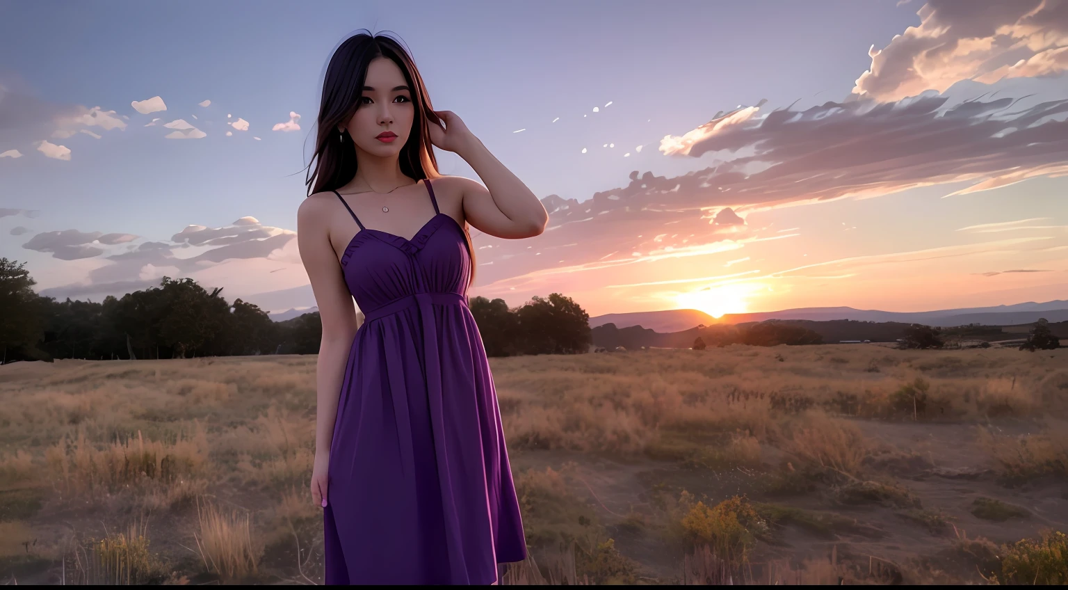 Purple sunset,shift dresses,hair over shoulders,country,