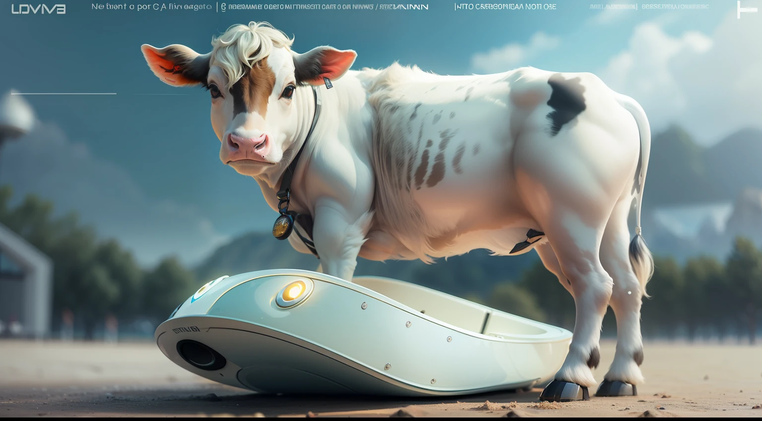 "Baby cow, Forma perfecta, De pie en una escala futurista, arte digital, animal, bovino, futuristic, Gran profundidad de campo, hiperrealista, UHD"