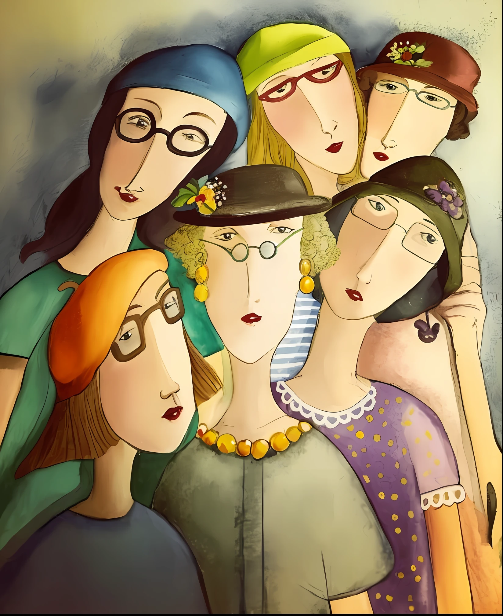 Painting of a group of women with hats and glasses, rostos femininos, inspirado em Gerda Wegener, Directed by: Jane Graverol, por Cicely Hey, Directed by: Evelyn Abelson, Directed by: Yvonne Jacquette, Directed by: Olga Boznańska, Directed by: Rosalie Emslie, Directed by: Mary Moser, Directed by: Louise Abbéma, por Eleanor Best