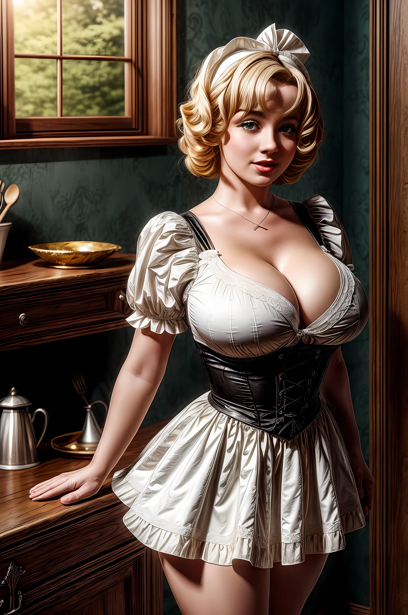 cute blond german maid full body photography, photorealistic modern, in the style of , Artstation Deviant art Pinterest Cgsociety Behance Pixiv, sunlight, ((victorian maid outfit)), very huge boobs, cleavage, thick tighs, kitchen background, young face, smooth and pale skin, (marylin monroe haircut), blue eyes, intricate scenery HDR post-processing 4k cinematic fine details very detailed trending on artstation