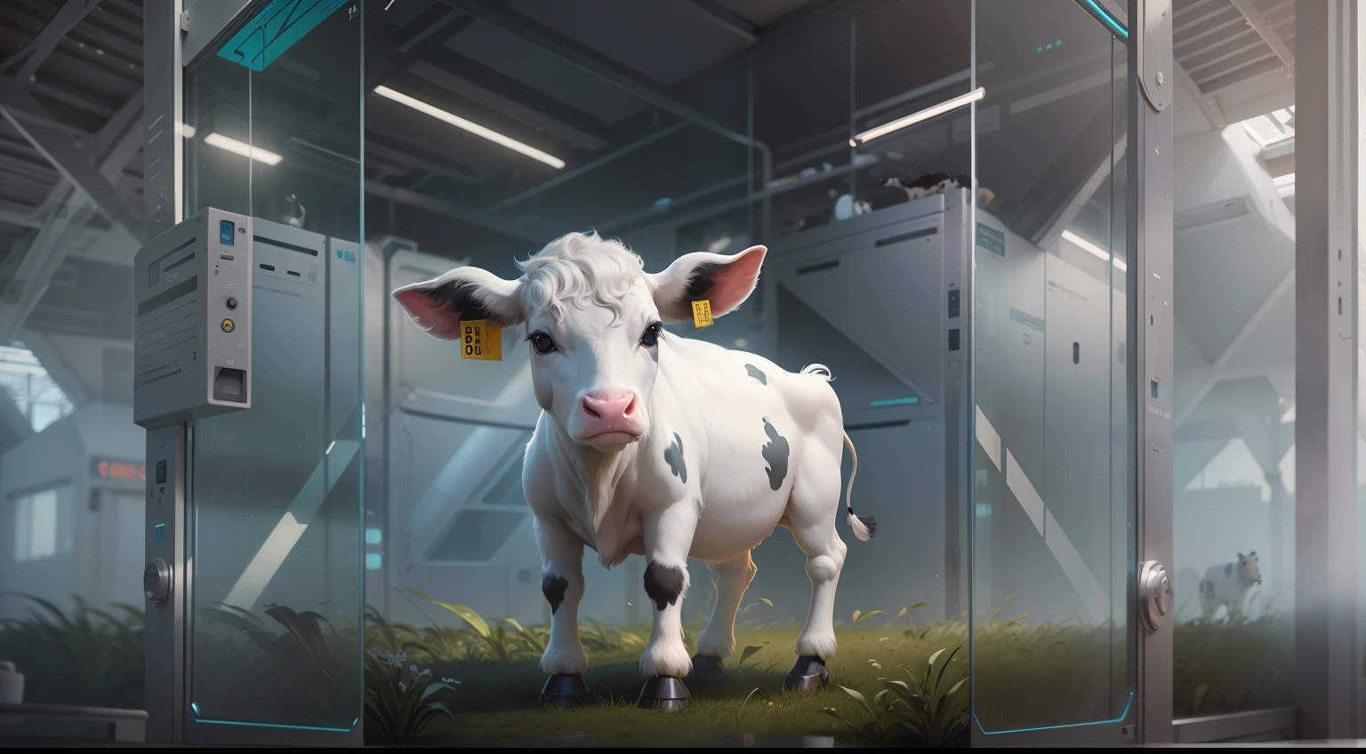 "Baby cow, Forma perfecta, De pie en una escala futurista, arte digital, animal, bovino, futuristic, Gran profundidad de campo, hiperrealista, UHD"