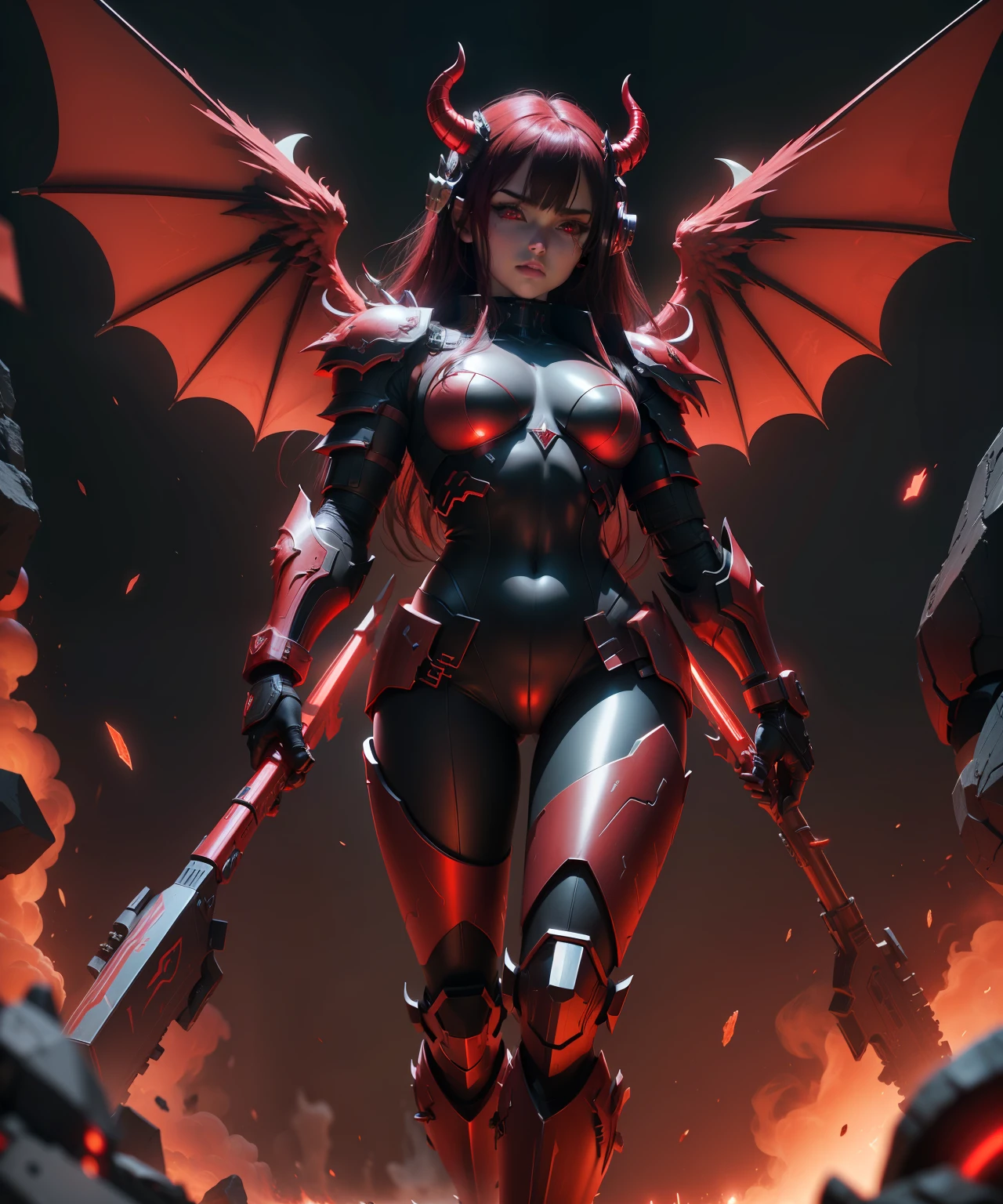 (Demon Angel in Heavy Cyber Armor with Bright Red Lights, Horns on the head and large wings in high detail)8K 3D