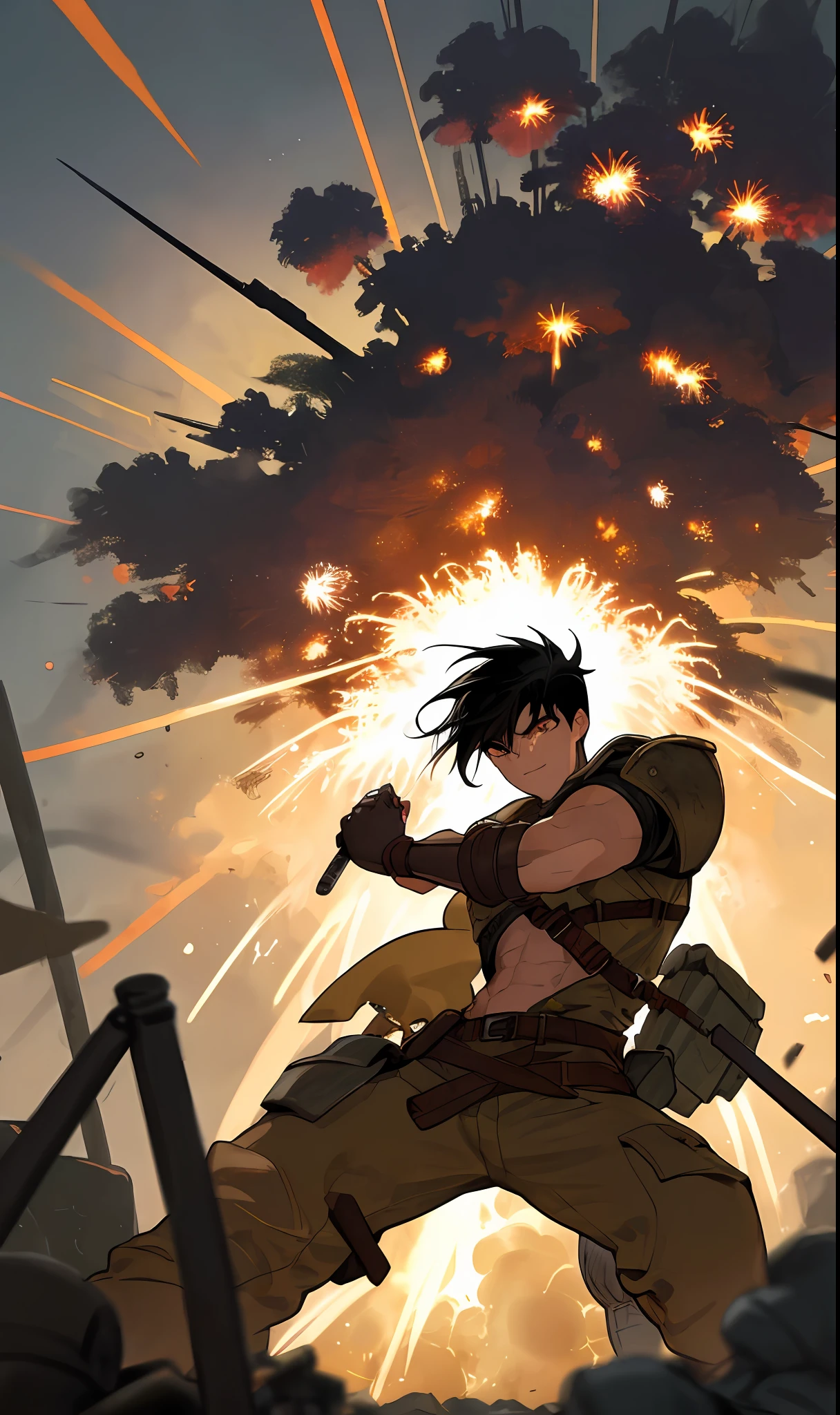 (bright, explosions), A guy with black hair in the pit on battlefield uses bondages to heal himself while someone shoots him