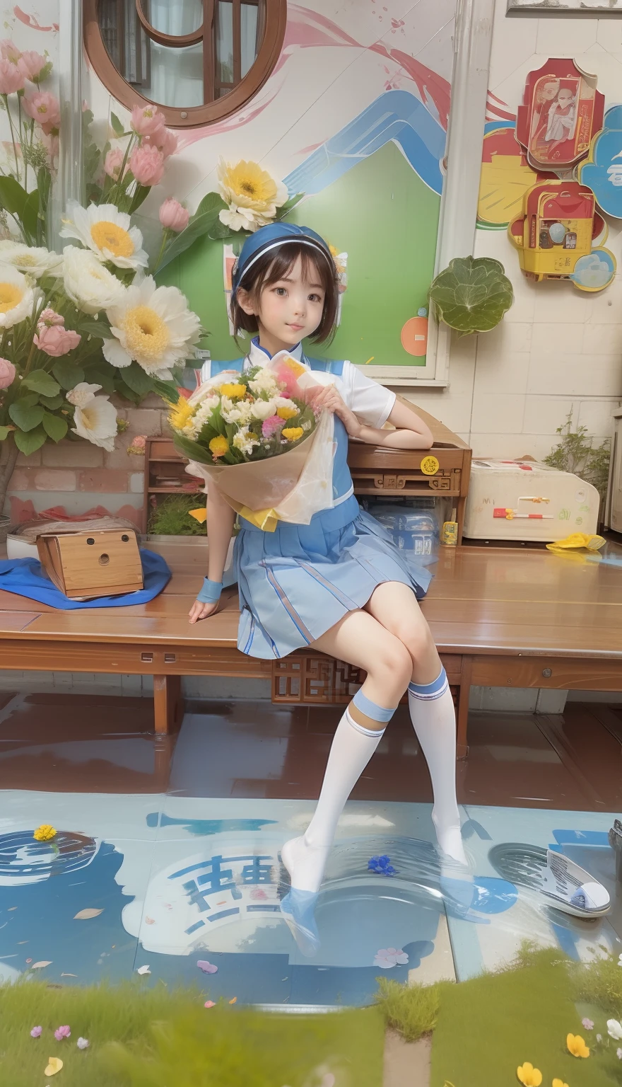Chinese girl carrying flowers in a school uniform, cute face, short brown hair with a blue headband and blue skirt, medium chest blue shoes and white socks, back of the house and under water
