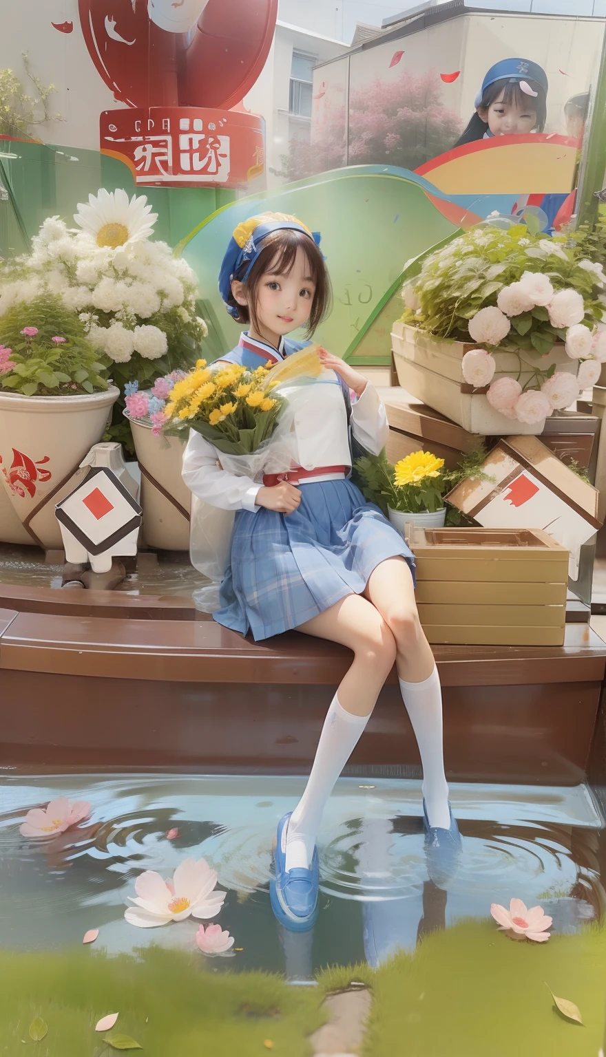 Chinese girl carrying flowers in a school uniform, cute face, short brown hair with a blue headband and blue skirt, medium chest blue shoes and white socks, back of the house and under water