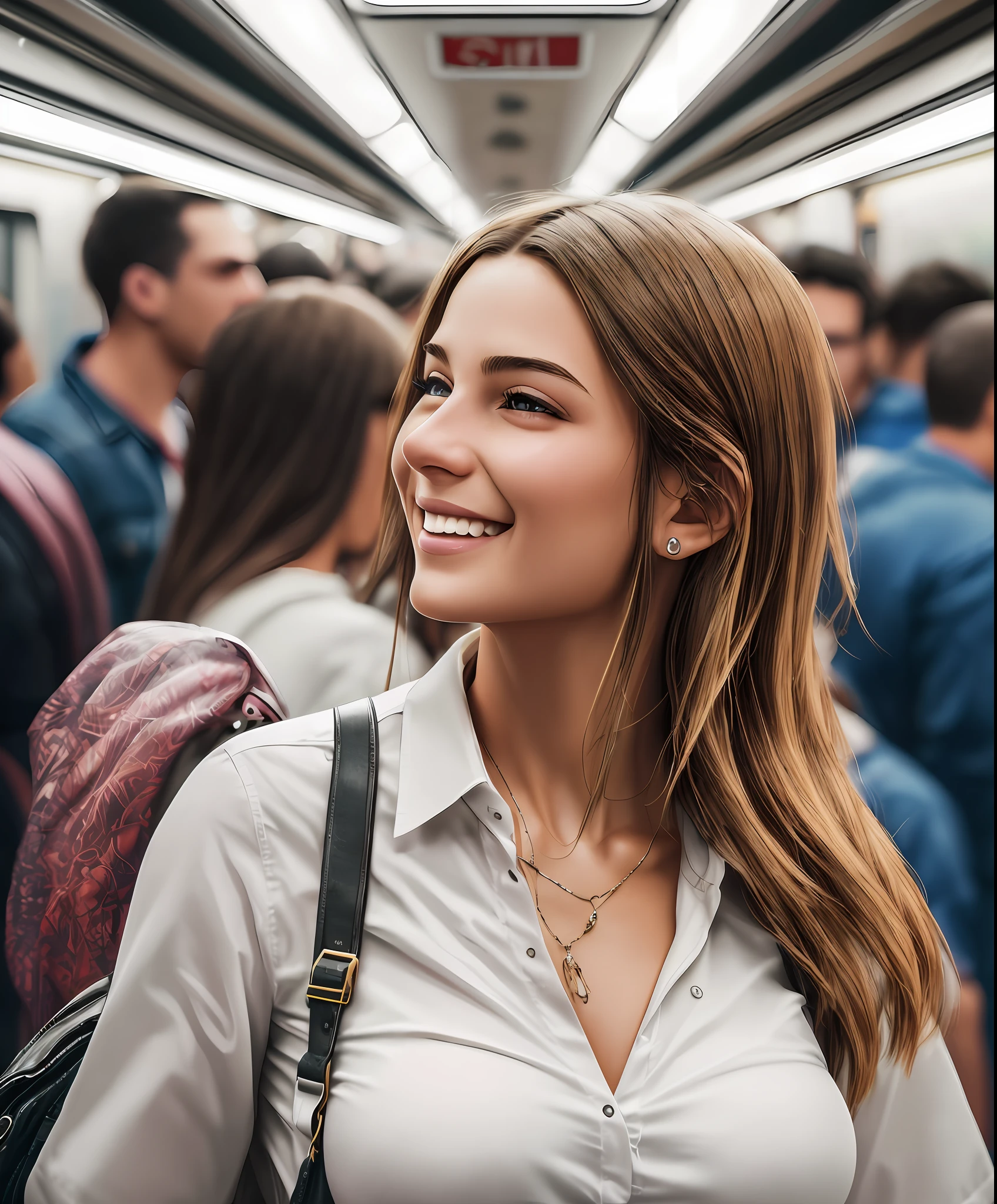 photorealistic, high contrast, 8k HD, detailed, hyper-detailed, best quality, ultra high res, raw photo, dramatic lighting, unreal engine, a very beautiful young smiling woman with a short hair, in the subway, crowded people, a large breast covered with cum, wearing white shirts --auto --s2