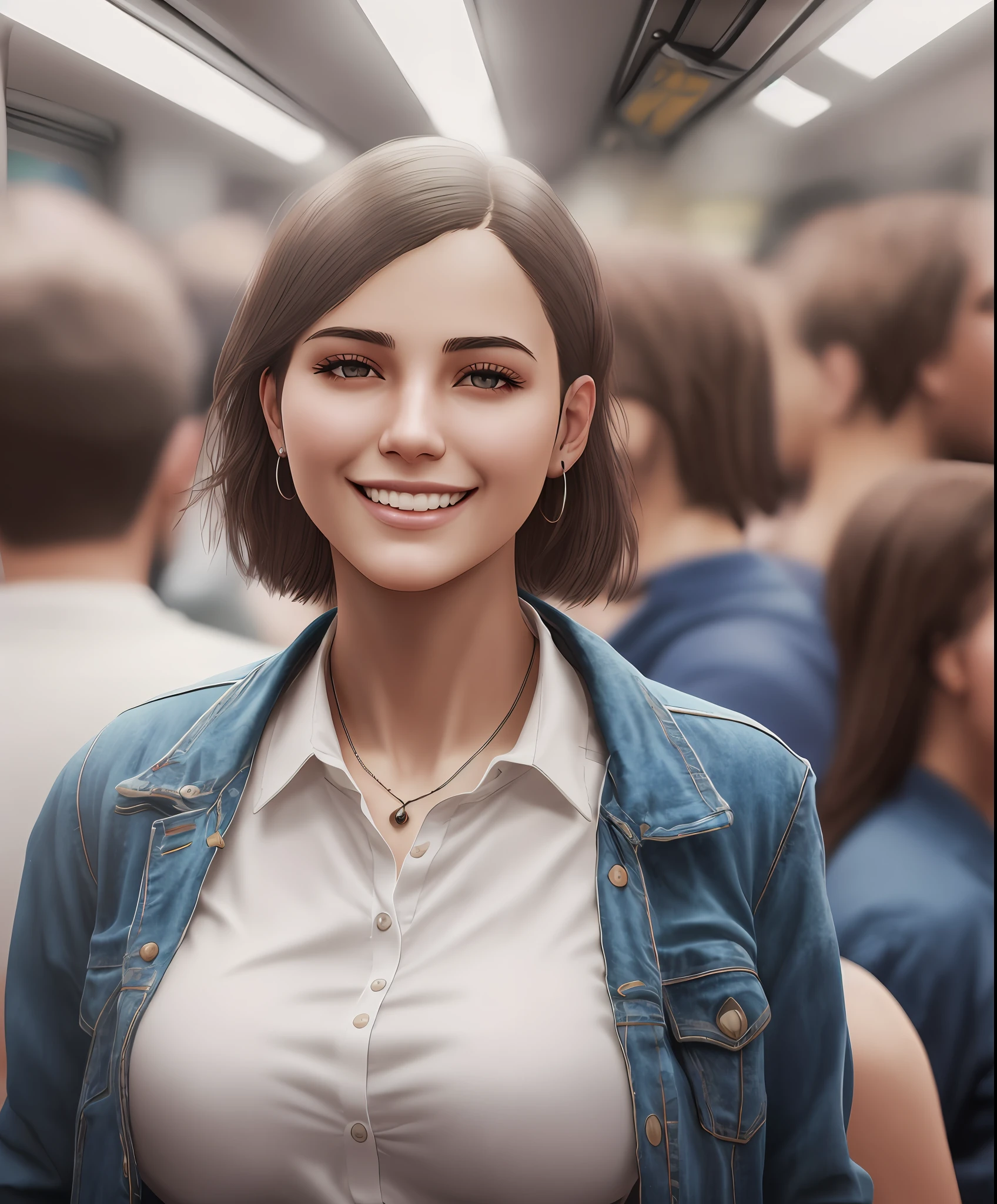 photorealistic, high contrast, 8k HD, detailed, hyper-detailed, best quality, ultra high res, raw photo, dramatic lighting, unreal engine, a very beautiful young smiling woman with a short hair, in the subway, crowded people, a large breast covered with cum, wearing white shirts --auto --s2