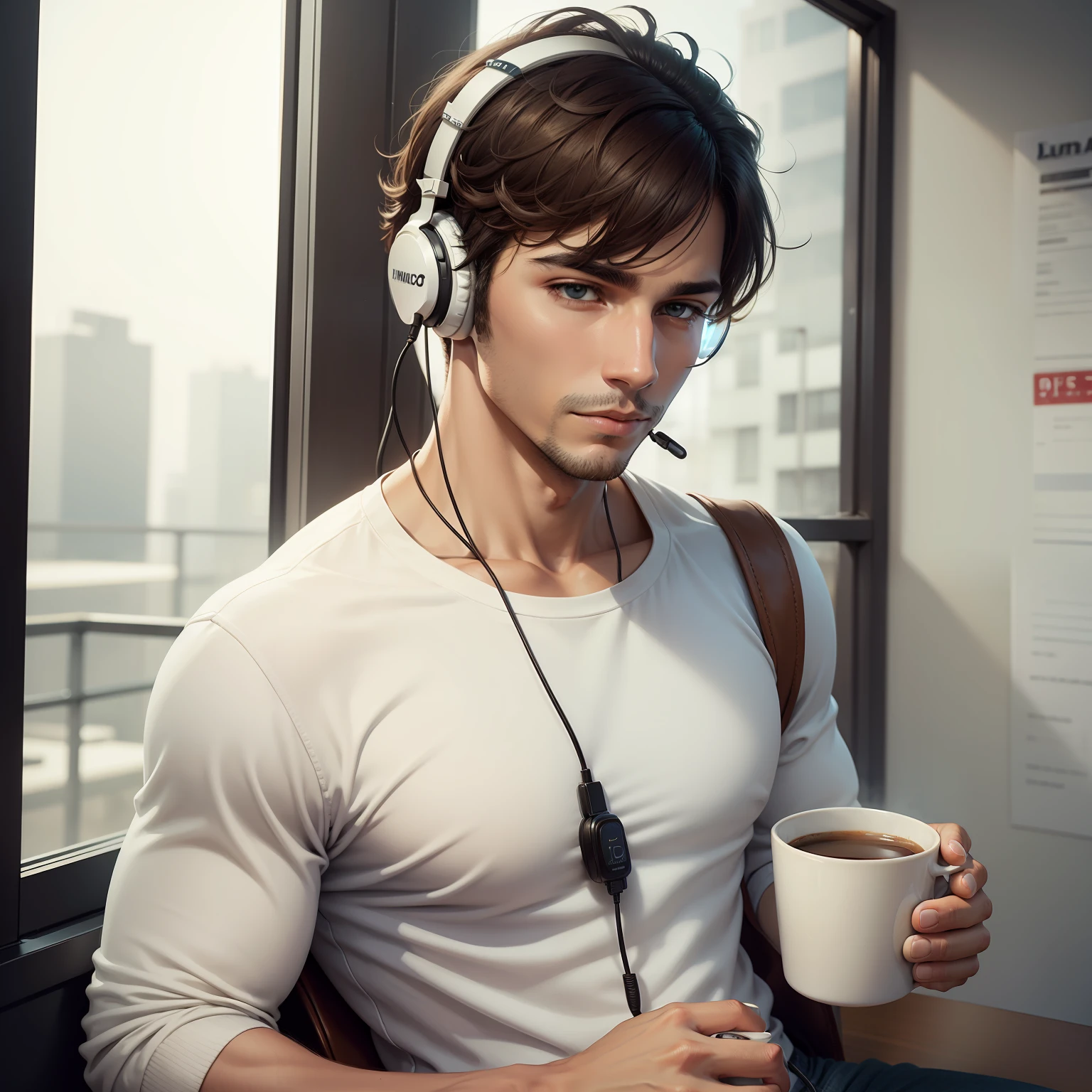 a man with headphones holding a cup of coffee, fundo liso e branco, vista frontal,