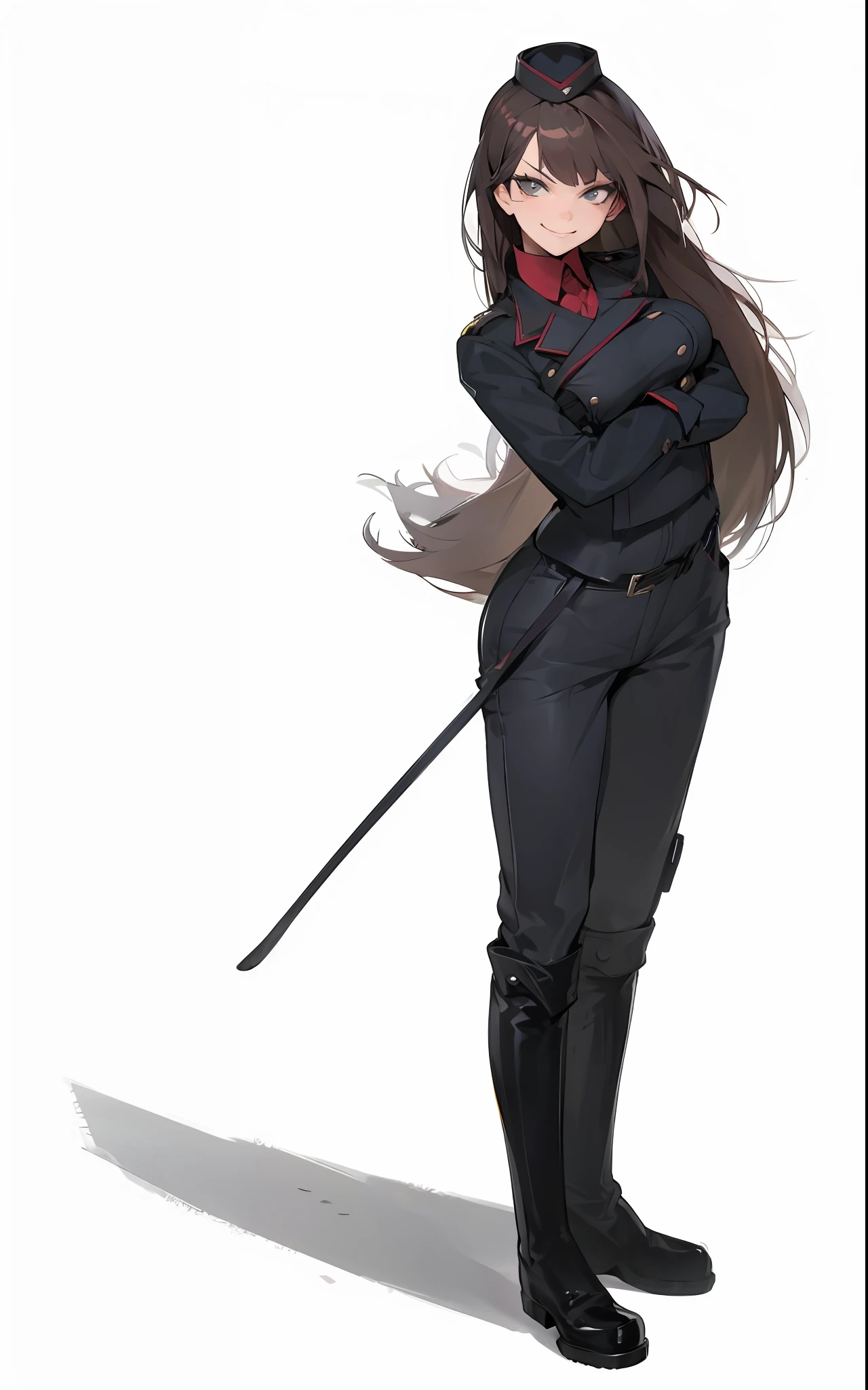 Adult, female, standing, black boots, uniform, confident, smug, smirk, gloves,belt, dominatrix, riding crop