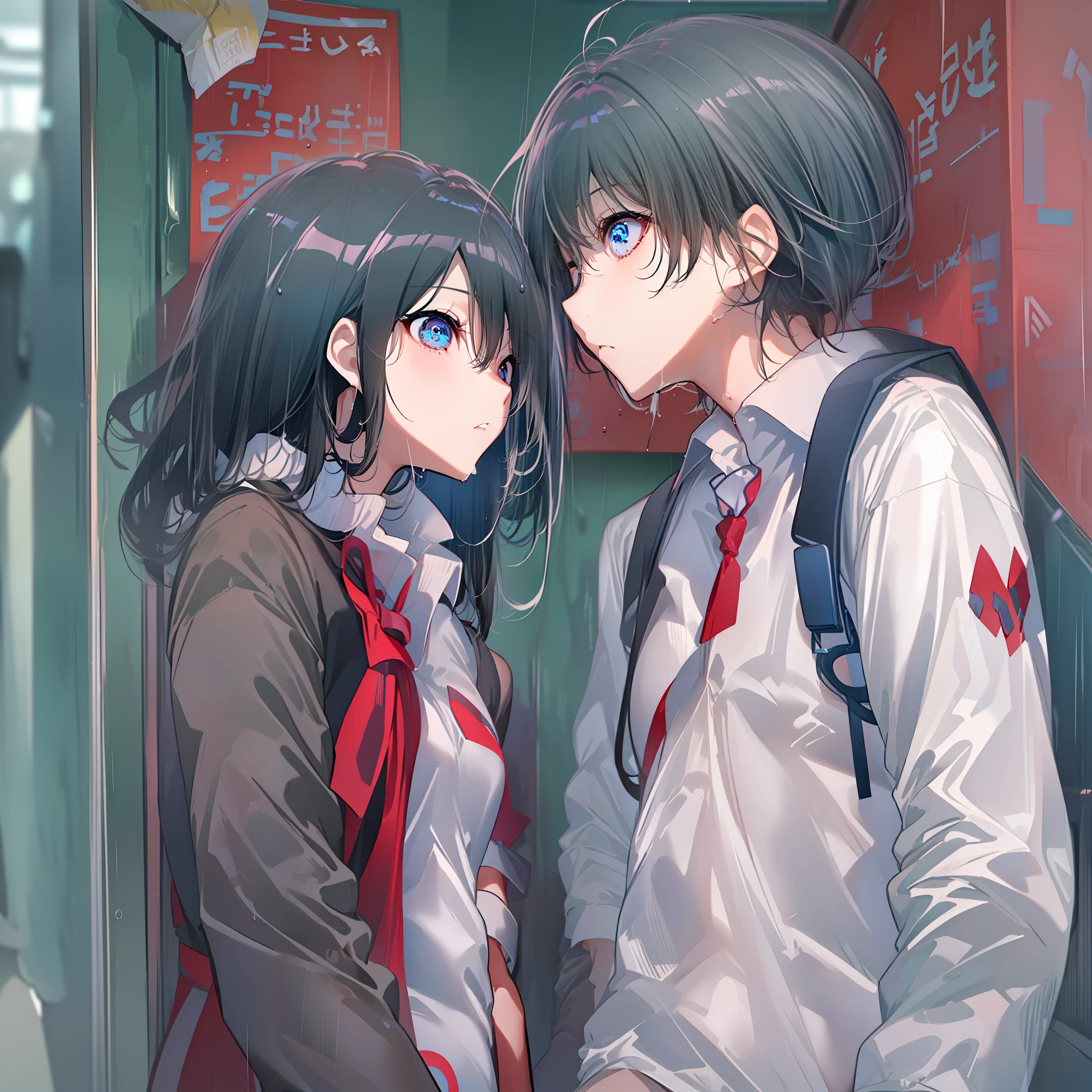 (((obra-prima))), (((melhor qualidade))), alto, ((((((1boy with short black hair and 1girl with long gray hair are kissing)))))), ((((1girl she has gray hair with blue eyes and 1boy he has short black hair with red eyes who are classmates)))), ((((They have different hair colors and eyes do not confuse)))), (desenha Kei e kiyotaka ayanokoji olhando um para o outro), (2schoolmates who are Kei and kiyotaka ayanokoji looking at each other), (Kei1), (1Menina), (((((Ela tem olhos azuis))))), (ela tem cabelo longo), (ela usa um uniforme escolar), (ela tem fita), (ela tem franja), 鎖骨, ela tem cabelo grisalho, (ela tem faixa de cabelo preto), (she has neck tape), (cabelo entre os olhos), (She has medium breasts), (Tiroteio de Cowboy), (she is looking seriously at Kiyotaka Ayanokuji), (anatomicamente correto corpo inteiro), (is standing in the street with rain falling), (esta com uma cara triste e preocupada), (Full detailed scenario), (1menino), (Kiyotaka Ayanokuji), (adolescente de 15 anos), school uniform white shirt black jacket open jacket red tie long black pants seated, ((((ele tem olhos vermelhos)))), ((ele tem cabelo preto curto)), corpo inteiro anatomicamente correto, pernas normais, usa sapatos pretos, (ele esta olhando para Kei1 ou para a garota), ((He's in front of Kei wanting to give her a kiss with his eyes closed)) , (it's head on for Kei), (Cena emocionante), (misterioso), (Full scenario), ((((They're soaking up with a lot of passion and abrasion)))), ((((They are being wet by the rain along with their clothes)))), ((Their bodies are anatomically correct and detailed without errors))