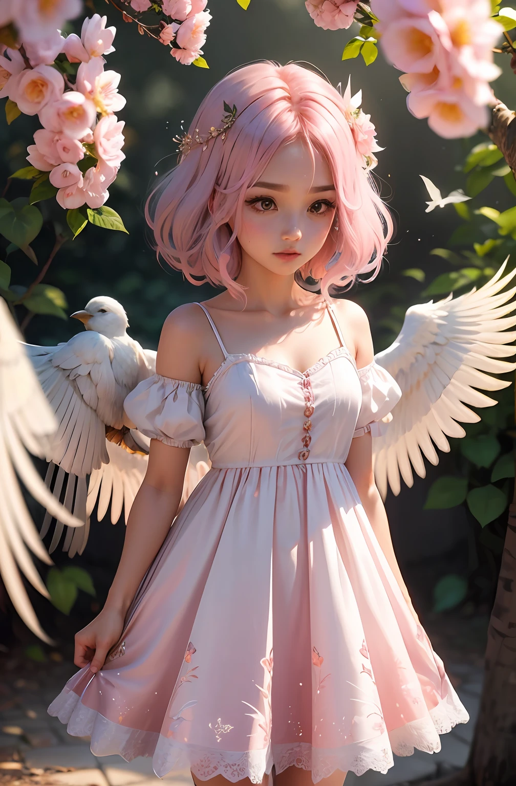 (Chibi: 1.2), (obra-prima: 1.4), (melhor qualidade: 1.4), ( Very Cute Bird, rosto super detalhado, Olhos Semelhantes a Joias, Cabelos loiros com rosa Muito Longos, Colored Gradient Hair: 1.1), (Cabelos loiros com rosa Muito Longos, Colored Gradient Hair: 1.2), (bird wings: 1.2), (chibi bird: 1.1) corpo inteiro, 2 perfect arms, 2 pernas perfeitas: 1.1), (Perfeito 4 dedos: 1 polegar), (vestido branco com rosa e dourado: 1.1) (V3 variation in various poses flying alongside birds) ( magical nature with sublime flowers and plants: 1.3) leve, brilho, Bokeh, super fino.