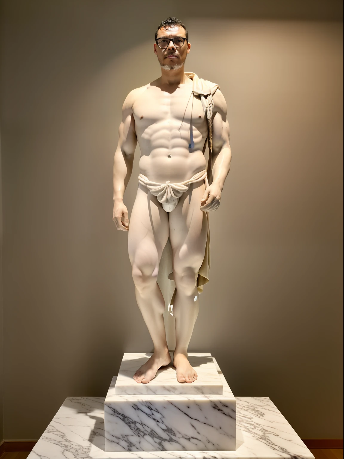 guttonerdjul23, Half-body portrait of a marble statue of a bespectacled man on a pedestal with intricate and real details. studio lighting