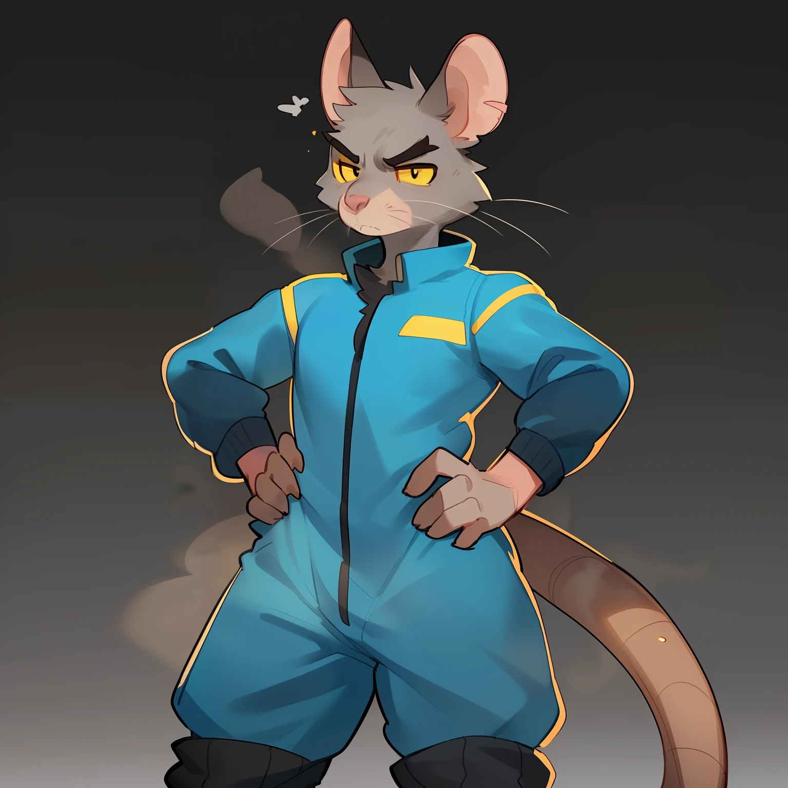 Solo, male, standing, (((rat, smelly stinky, skrunkly, crooked whiskers, notched ear, big eyebrows, pink nose, dark grey fur, tired eyes, annoyed, yellow sclera))), black eyes, black hair, very short hair, messy hair, blue military spacesuit, (((by schmutzo))), by glitter trap boy, by spikedmauler, ((by bebebebebe, by pgm300)), hands on hips, detailed hands, well drawn hands