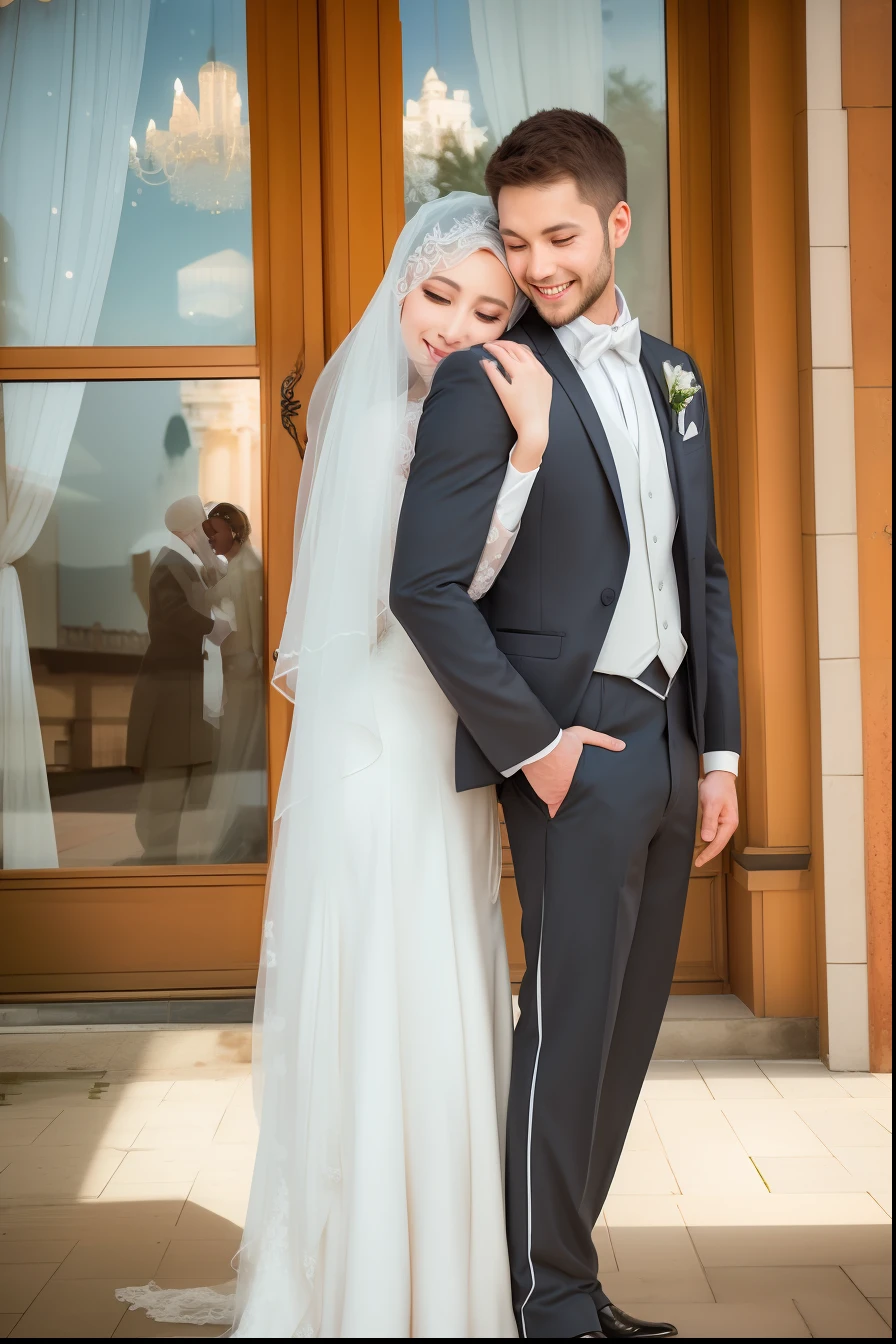 bride and groom standing in front of a building with a veil on, lovely couple, couple pose, wedding photo, white hijab, happy couple, bride and groom, couple, hijab, muslim, wonderful masterpiece, beautiful and elegant, beautifully, an elegant couple, wonderful, beautiful, romantic couple, beautiful masterpiece, background is heavenly, covered, very beautiful photo, very clear picture