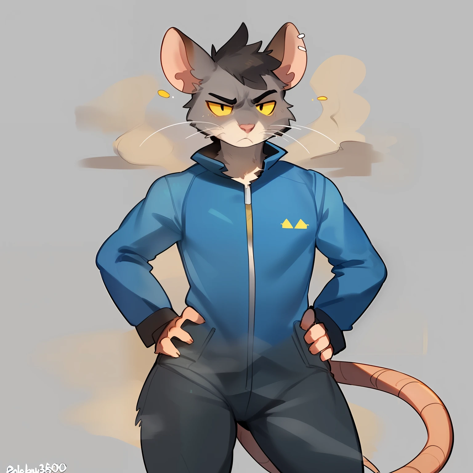 Solo, male, standing, (((rat, smelly stinky, skrunkly, crooked whiskers, notched ear, big eyebrows, pink nose, dark grey fur, tired eyes, annoyed, yellow sclera))), black eyes, black hair, very short hair, messy hair, blue military spacesuit, (((by schmutzo))), by glitter trap boy, by spikedmauler, ((by bebebebebe, by pgm300)), hands on hips, detailed hands, well drawn hands