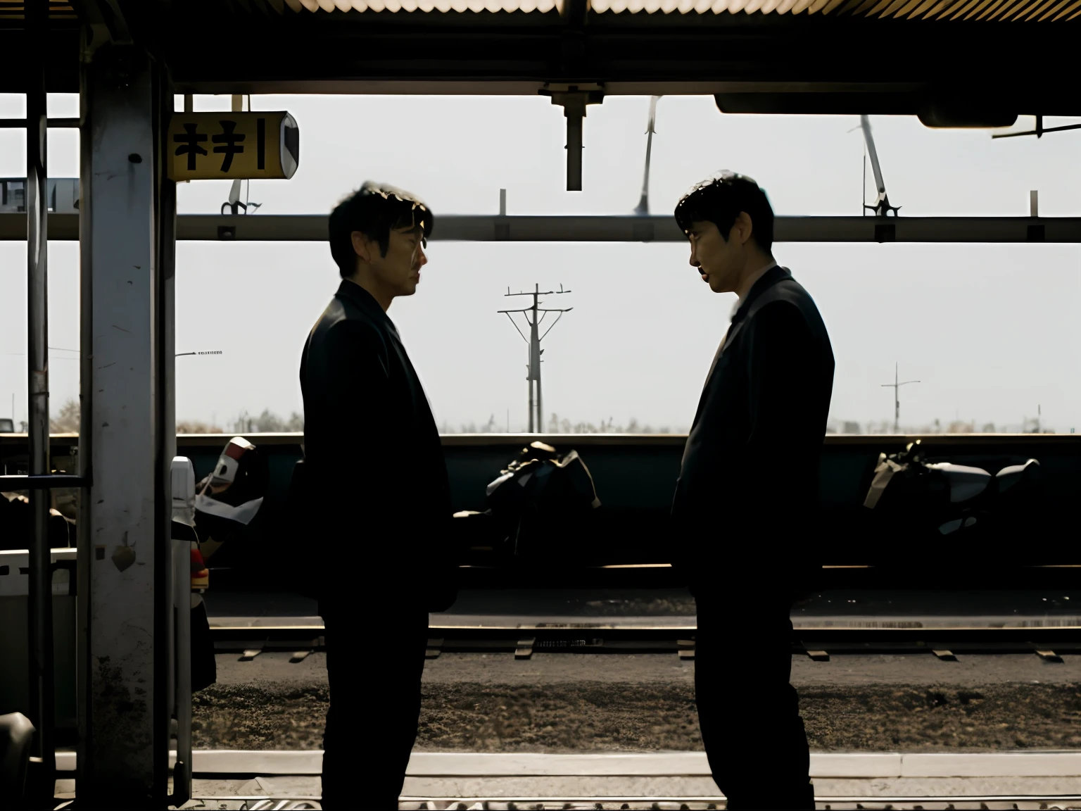 Two men in suits stand side by side at the train station, still from live action movie, extreme drama, live-action movie scenes, high drama, opening scene, dramatic scene, cinematic Film still from, highlight scene of the movie, Taoist, Still from the movie, intense scene, set in tokyo bank parking lot, powerful scene