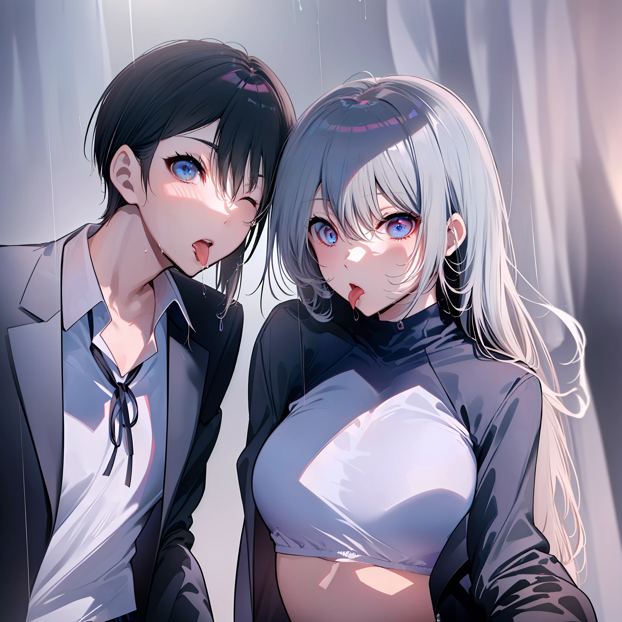 (((obra-prima))), (((melhor qualidade))), (((Somente duas pessoas diferentes))), (((Sozinhos))), alto, ((((((1boy with short black hair and 1girl with long gray hair are kissing)))))), ((((1girl she has gray hair with blue eyes and 1boy he has short black hair with red eyes who are classmates)))), ((((They have different hair colors and eyes do not confuse)))), (desenha Kei e kiyotaka ayanokouji olhando um para o outro), (2schoolmates who are Kei and kiyotaka ayanokouji looking at each other), (Kei1), (((((Ela tem olhos azuis))))), (ela tem cabelo longo), (ela usa um uniforme escolar), (ela tem fita), (ela tem franja), 鎖骨, (((ela tem cabelo grisalho))), (ela tem faixa de cabelo preto), (she has neck tape), (cabelo entre os olhos), (She has medium breasts), (Tiroteio de Cowboy), (she is looking seriously at Kiyotaka Ayanokuji), (anatomicamente correto corpo inteiro), (is standing in the street with rain falling), (esta com uma cara triste e preocupada), (Full detailed scenario), (1menino), (Kiyotaka Ayanokuji), (adolescente de 15 anos), (((ele usa uniforme escolar, camisa branca, Black jacket, jaqueta aberta, gravata vermelha, long black pants, sentado;))), ((((ele tem olhos vermelhos)))), ((ele tem cabelo preto curto)), (((corpo inteiro anatomicamente correto))), (((pernas normais))), (((ele usa sapatos pretos))), (ele esta olhando para Kei1), ((He's in front of Kei wanting to give her a kiss with his eyes closed)) , (he's facing Kei), (Cena emocionante), (misterioso), (Full scenario), ((((They're soaking up with a lot of passion and abrasion)))), ((((They are being wet by the rain along with their clothes)))), ((Their bodies are anatomically correct and detailed without errors)), (((Tongue kiss)))