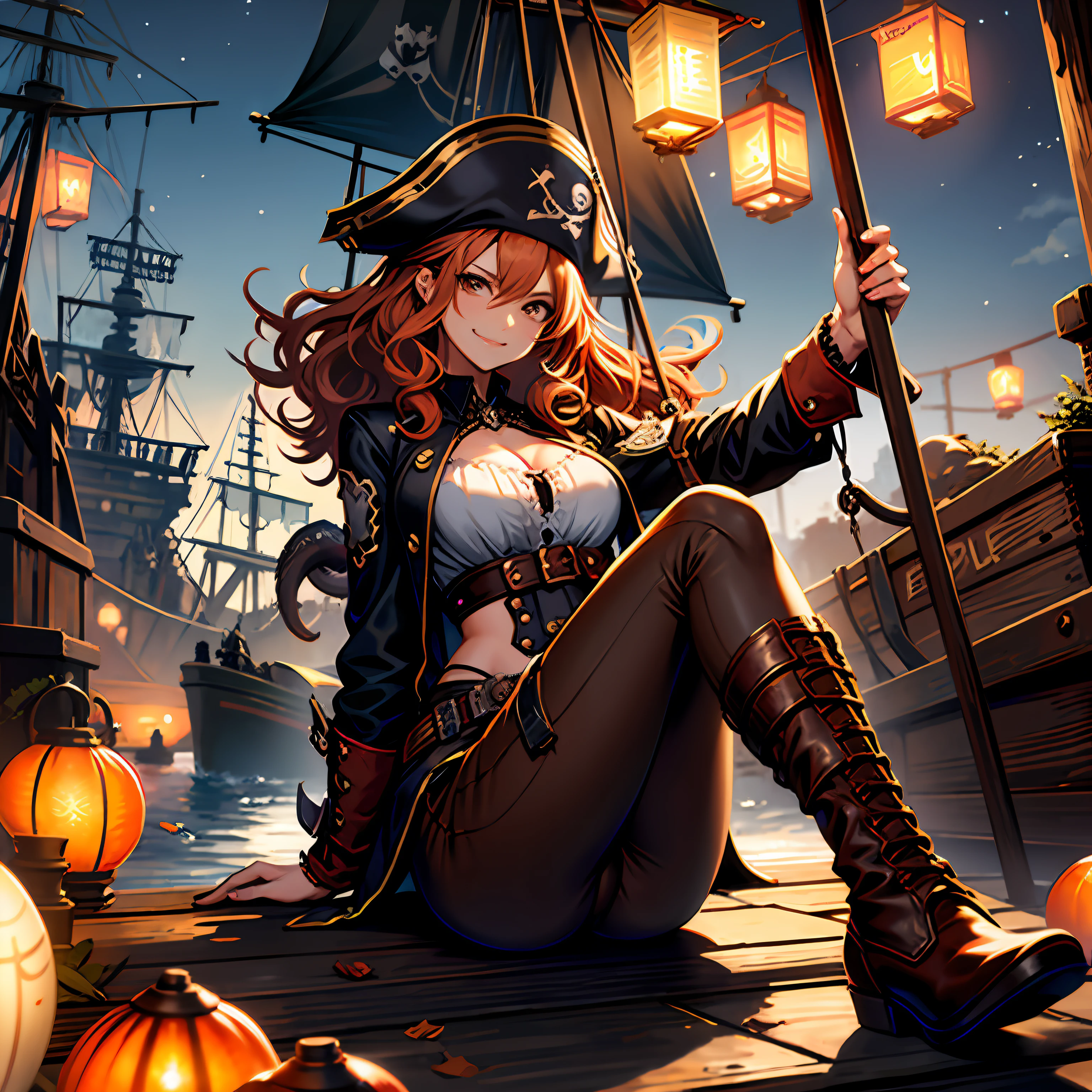 pirate, torn blouse, medium breasts, brown leather pants, toned body, orange hair, curly wet hair, waist length hair, confident smirk, pirate ship, tentacles reaching for her body, tentacles wrapped around her legs, night time, lanterns lighting the area