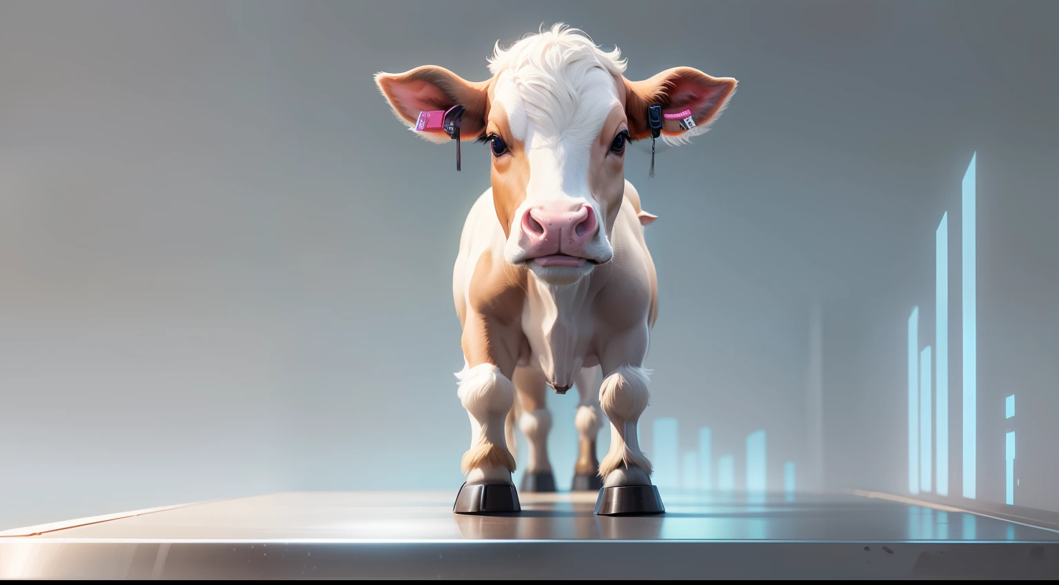 " cow, Lindo, perfectamente formada, standing on a futuristic scale con plataforma de acero. Gran profundidad de campo y detalle hiperrealista. Highest quality digital art in UHD."