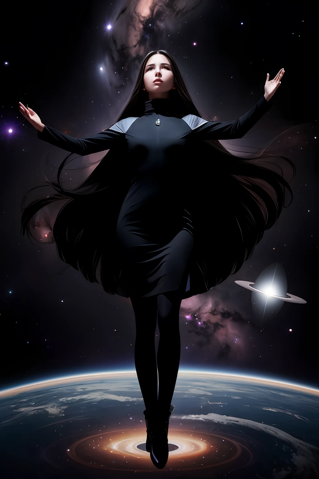 A Woman in Deep Space, Flat face, Long straight line (Hair flutters), In the middle of space, in the center at a distance of the image, Levitates, Arms outstretched, Asterisks on the skin, frontal view, The woman, very far from the viewer, Background to Dark Space Statistics, black hole, HDR, Dark atmosphere