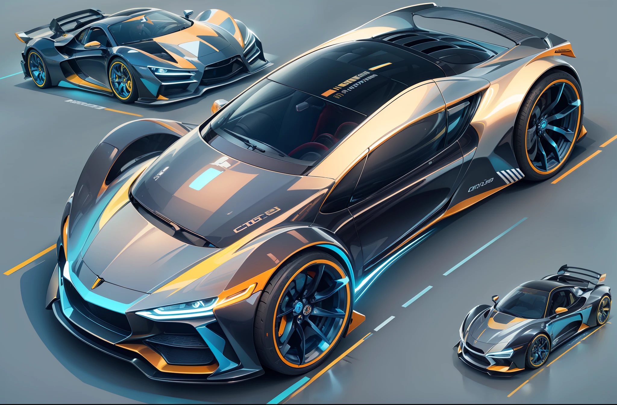 "carro esportivo, ultra detalhado, cores vibrantes, isometric view, perspectiva, raios cinza e luzes neon extremamente  brilhosos, moderno e futurista."