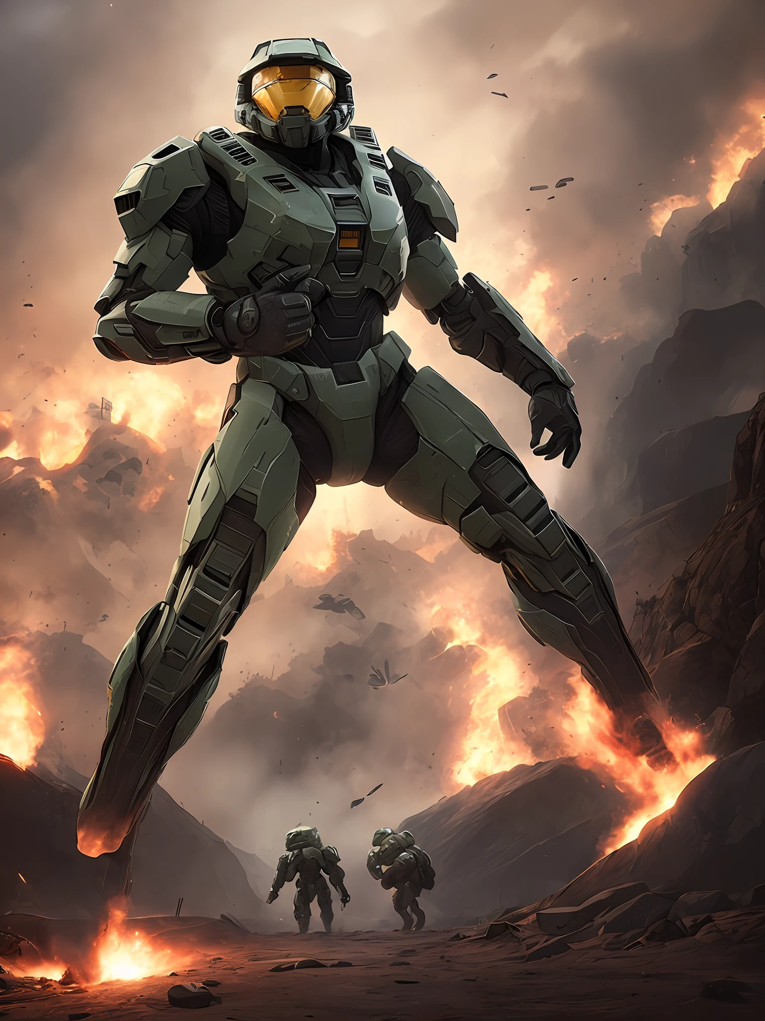 A millitary army wearing an inspired battle suits from Halo infinite serial game, glowing eyes, xbox game, microsoft, in the center of the frame, with smoke and spark effect behind him
