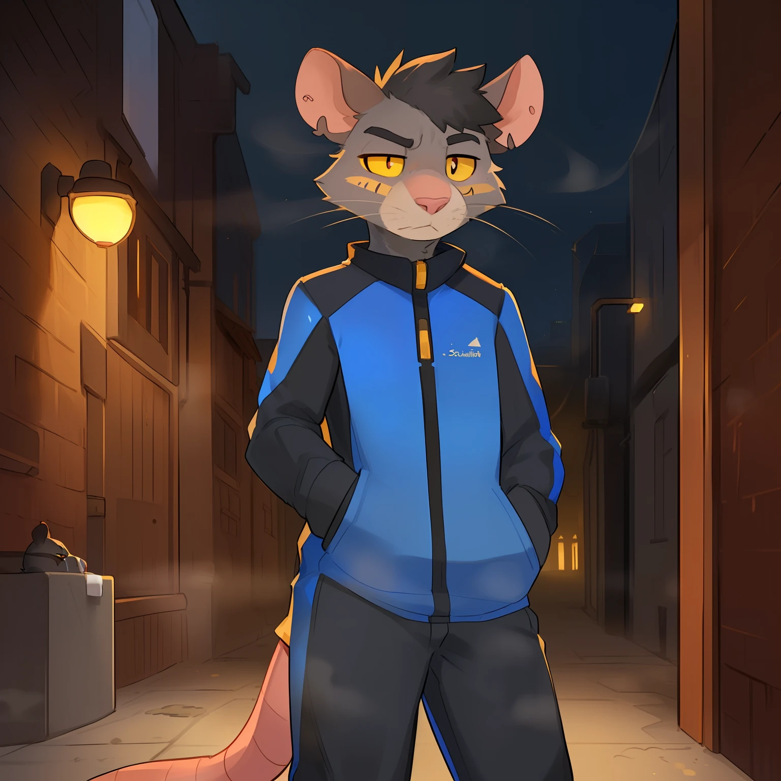 Solo, male, standing, (((rat, smelly stinky, skrunkly, crooked whiskers, notched ear, big eyebrows, pink nose, dark grey fur, tired eyes, annoyed, yellow sclera))), black eyes, (black hair, short hair, messy hair), ((blue spacesuit)), (((by schmutzo))), by glitter trap boy, by spikedmauler, by buta99, by kinkonigen, by katarhein, (((by bebebebebe))), (((detailed hands, well drawn hands))), detailed eyes, dark eye circles, sleepy, alleyway