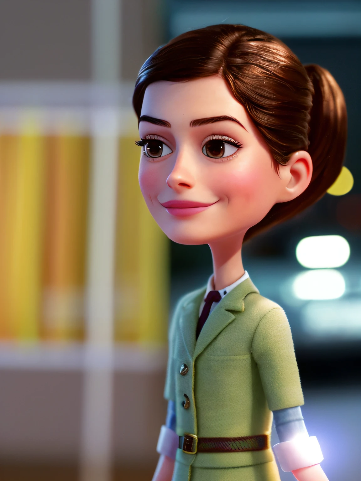 CBZBB, Anne Hathaway, personagem, pequeno, corpo inteiro, mini, majo, Arte Devian, Artstation on trend, arte digital, circunstanciado, fofo, Realistic, Humanoid, character, tiny, Cinematic sho, cinematic lights, Anne Hathaway, Parece feliz, Looks happy
