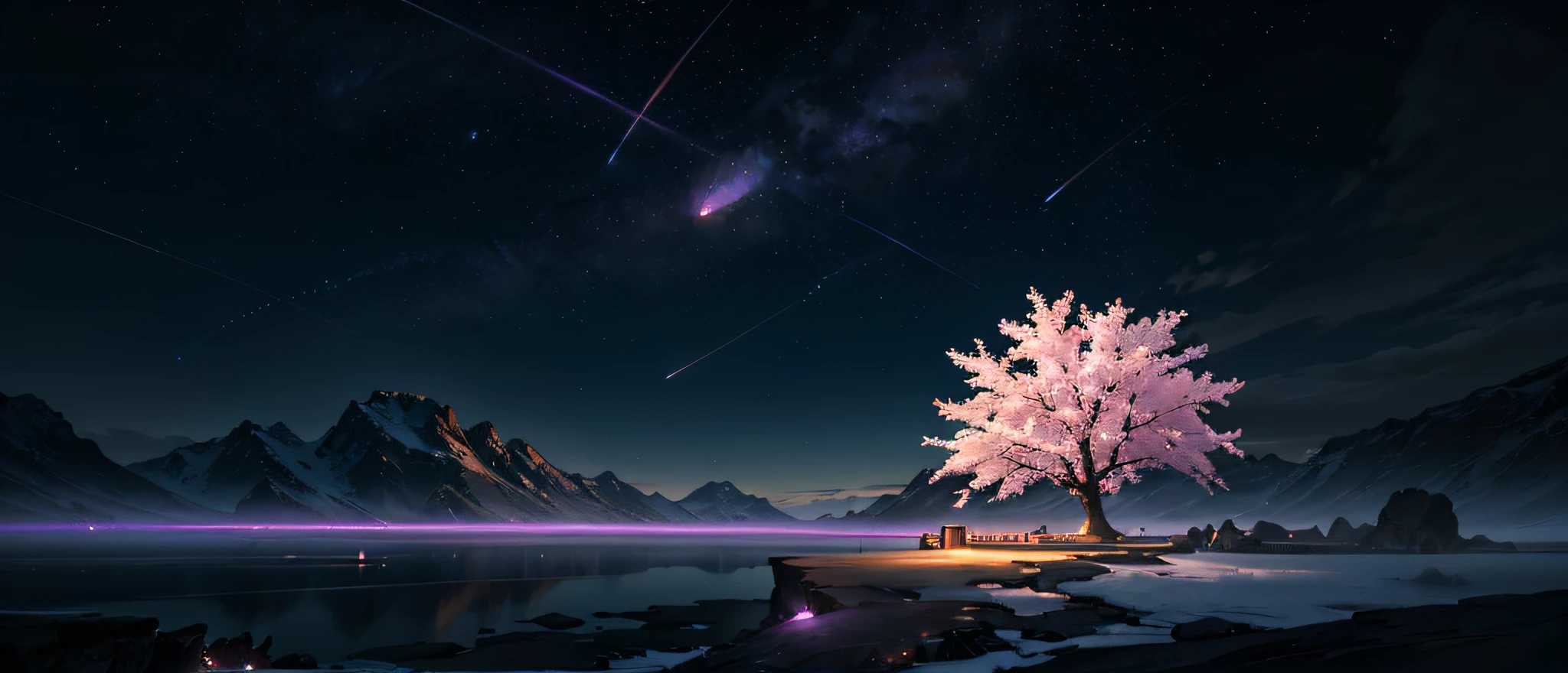 expansive landscape photograph , (a view from below that shows sky above and open field below), (full moon:1.2), ( shooting stars:0.9), (nebula:1.3), distant mountain, tree BREAK production art, (warm light source:1.2), (Firefly:1.2), lamp, lot of purple and orange, intricate details, volumetric lighting BREAK (masterpiece:1.2), (best quality), 4k, ultra-detailed, (dynamic composition:1.4), highly detailed, colorful details,( iridescent colors:1.2), (glowing lighting, atmospheric lighting), dreamy, magical, (solo:1.2), sakura tree's, sakura tree, sakura, giant tree of sakura, giant sakura tree, giant sakura