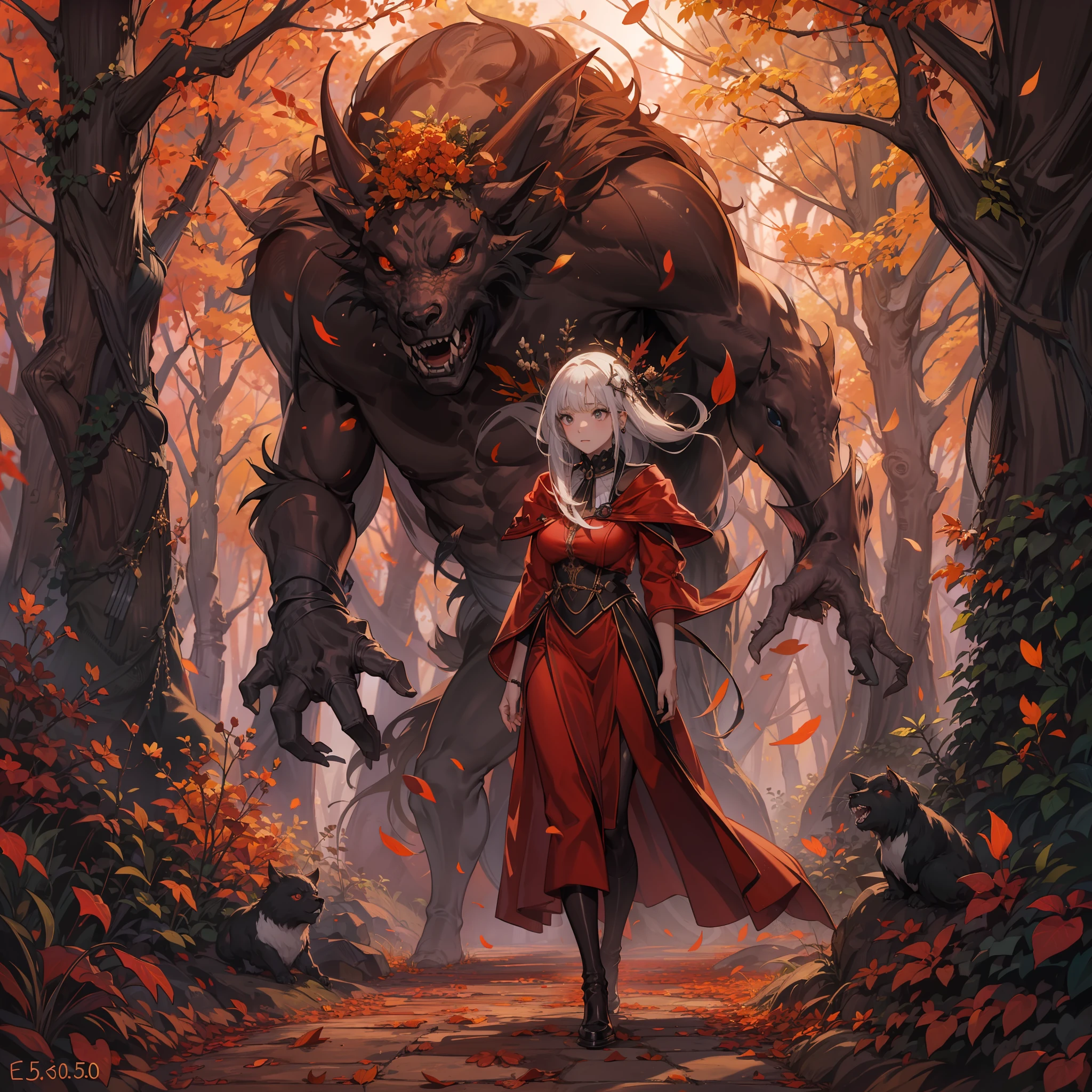 Un monstruo grotesco y su creador, A beautiful and powerful woman of about 24 years who is a powerful magician. She and the monster walk through a forest in autumn.. --ar 2:3 --q 5 --s 500 --c 20 --w 45 --v 5.2 --estilo crudo
